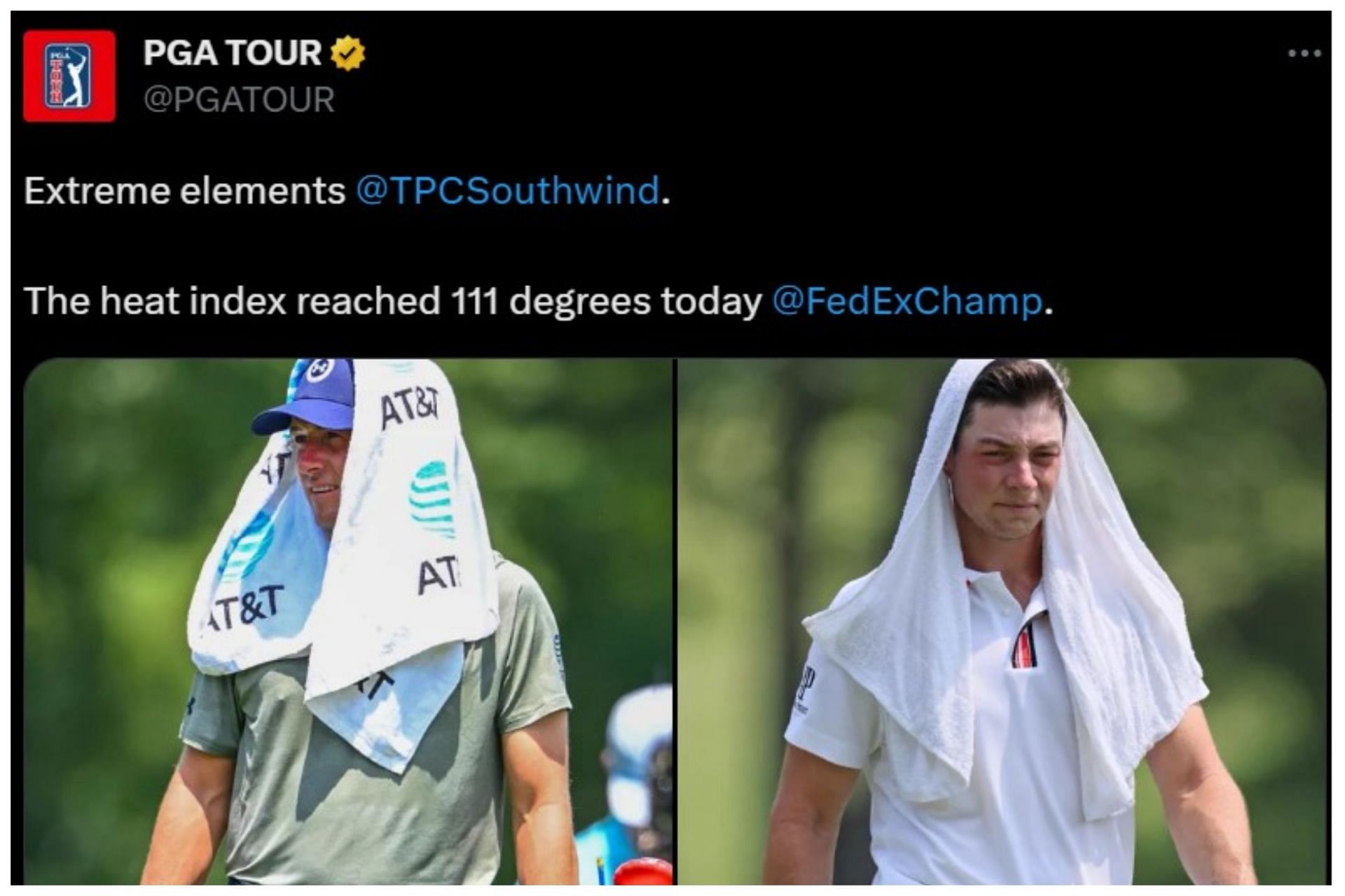 Jordan Spieth and Viktor Hovland were seen using wet towels during the FedEx St. Jude Championship, round 2 (Image via Twitter.com/PGATour)