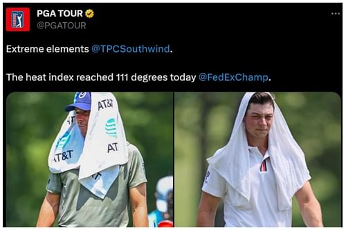 Jordan Spieth and Viktor Hovland were seen using wet towels during the FedEx St. Jude Championship, round 2 (Image via Twitter.com/PGATour)