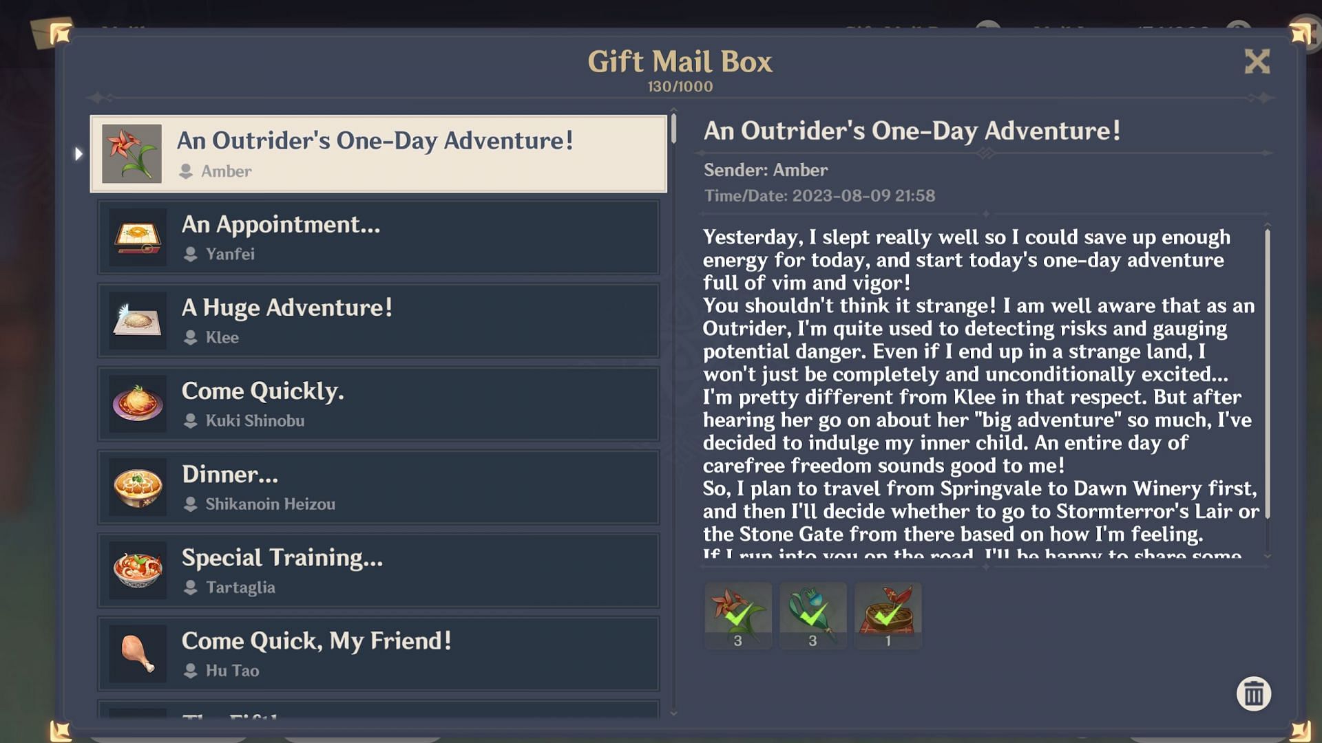 The official birthday mail from Mondstadt&#039;s most iconic Outrider (Image via HoYoverse)