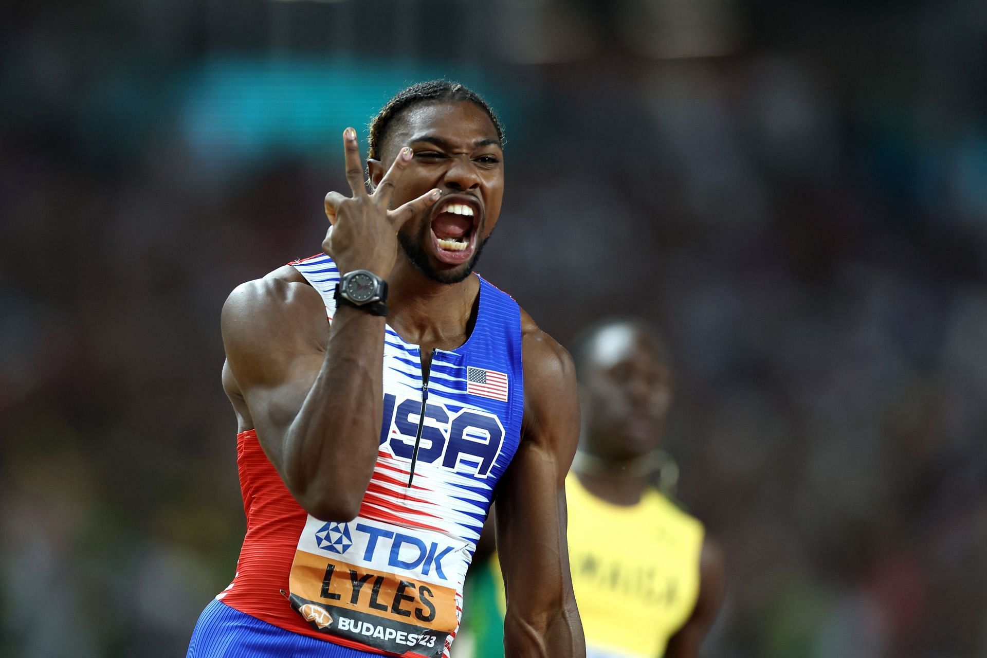 Noah Lyles reacts after winning the men&#039;s 4x100m relay at the 2023 World Athletics Championships in Budapest