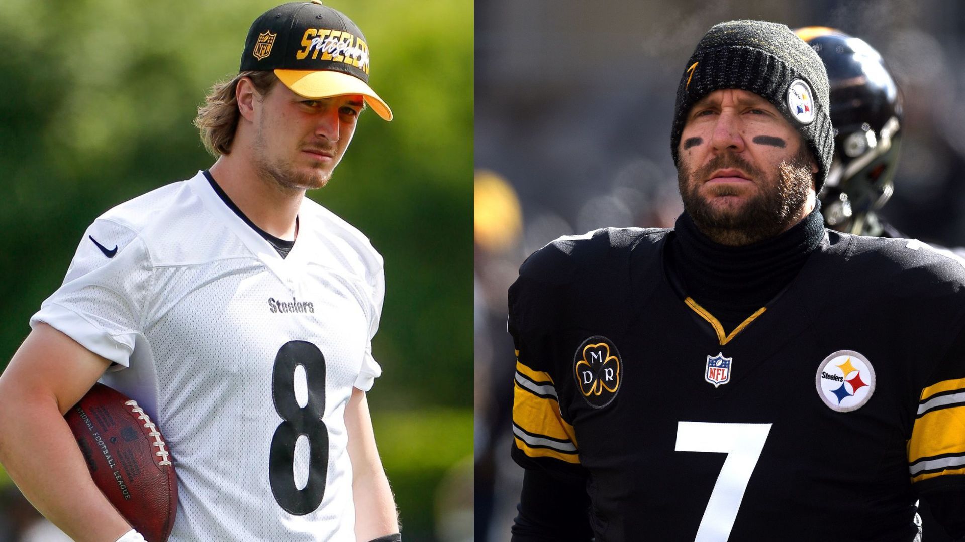 Has Kenny Pickett (L) this preseason shown he can succeed Ben Roethlisberger (R) as Steelers QB?