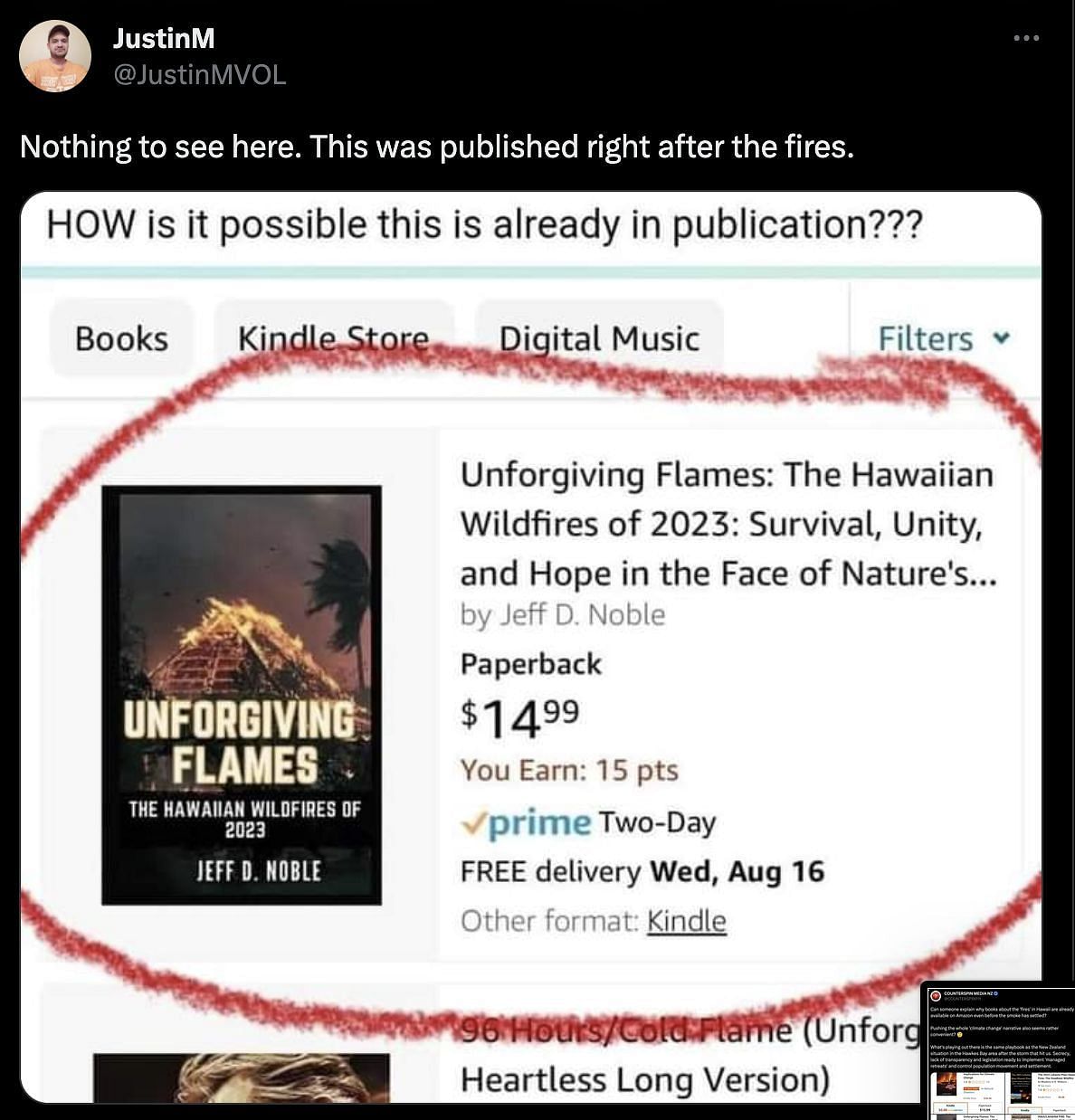 Social media users bewildered as another author releases a book on Hawaiian wildfires. (Image via Twitter) Social media users bewildered as another author releases a book on Hawaiian wildfires. (Image via Twitter)