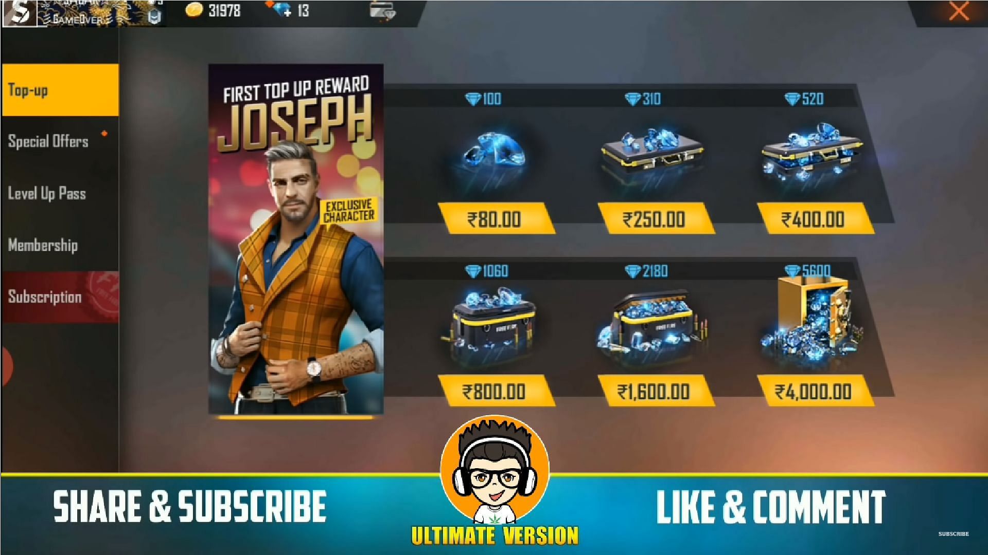 Free FIRE CLUB - Top up list Upgrade 10 Diamond 20