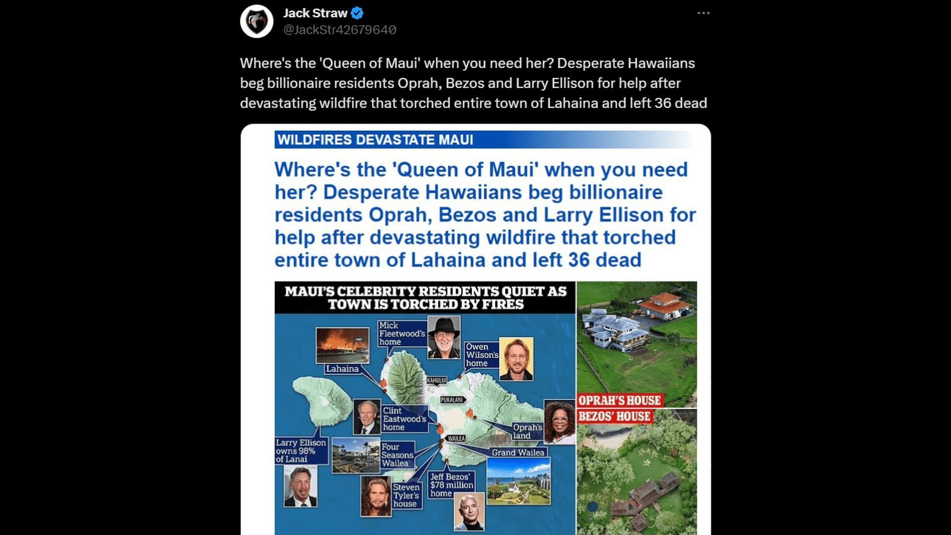 A tweet pointing out that the Queen of Maui is absent when she is needed the most. (Image via Twitter/Jack Straw)