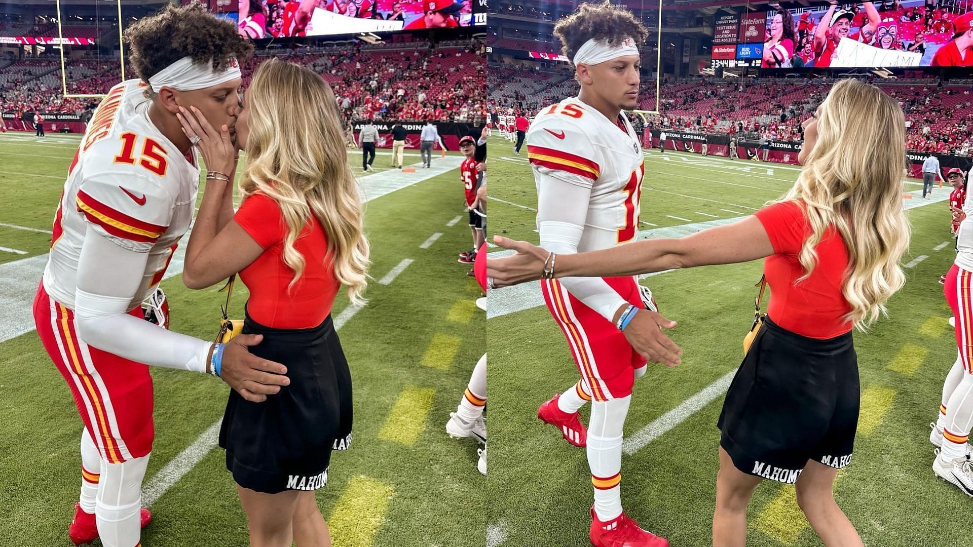 Patrick Mahomes kisses wife after Chiefs' Super Bowl 2023 win