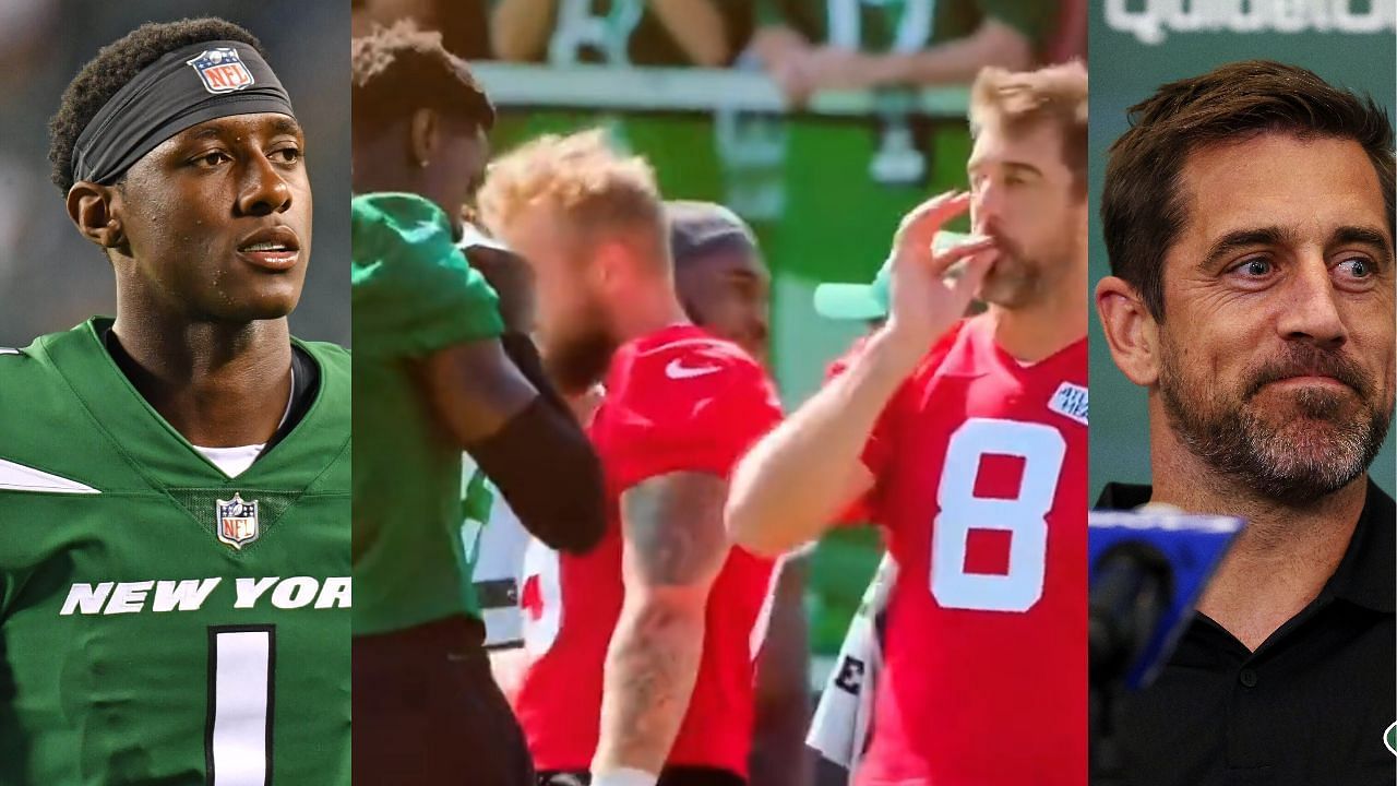 Aaron Rodgers and Sauce Gardner Handshake New York Jets shirt