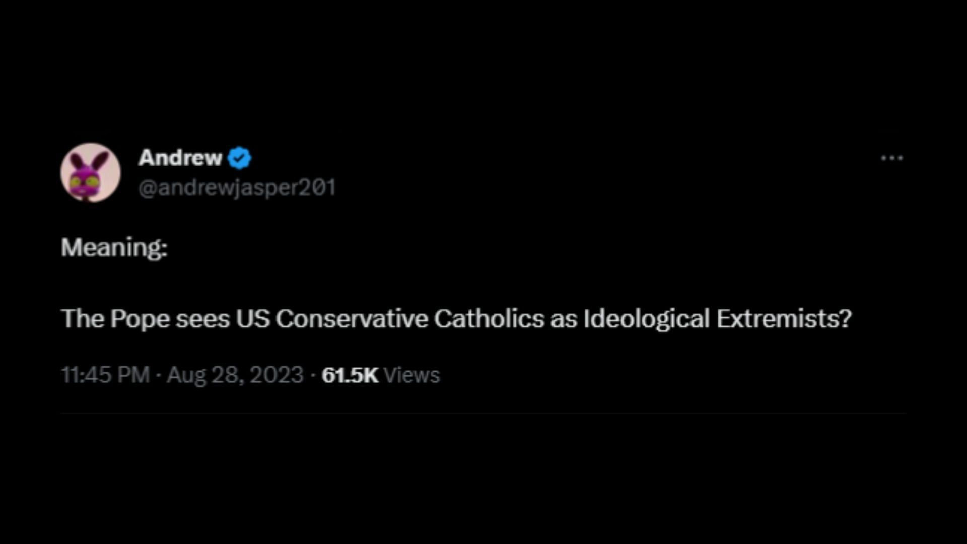 Screenshot of an X user remarking on Pope&#039;s remarks on US Catholics and bishops. (Photo @CraryAP/X)