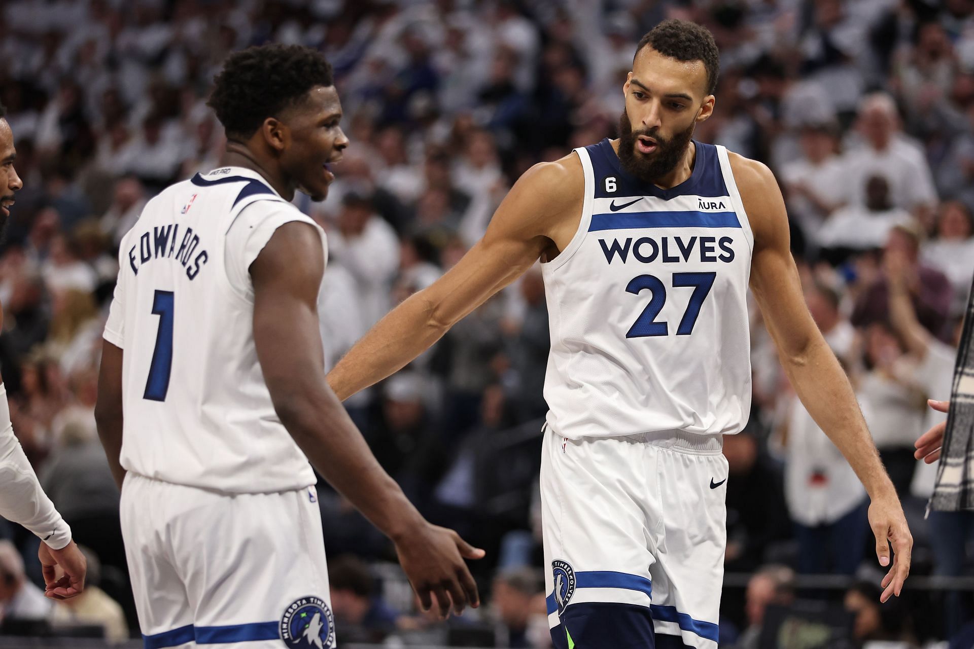Anthony Edwards and Rudy Gobert with the Minnesota Timberwolves in the 2023 NBA playoffs