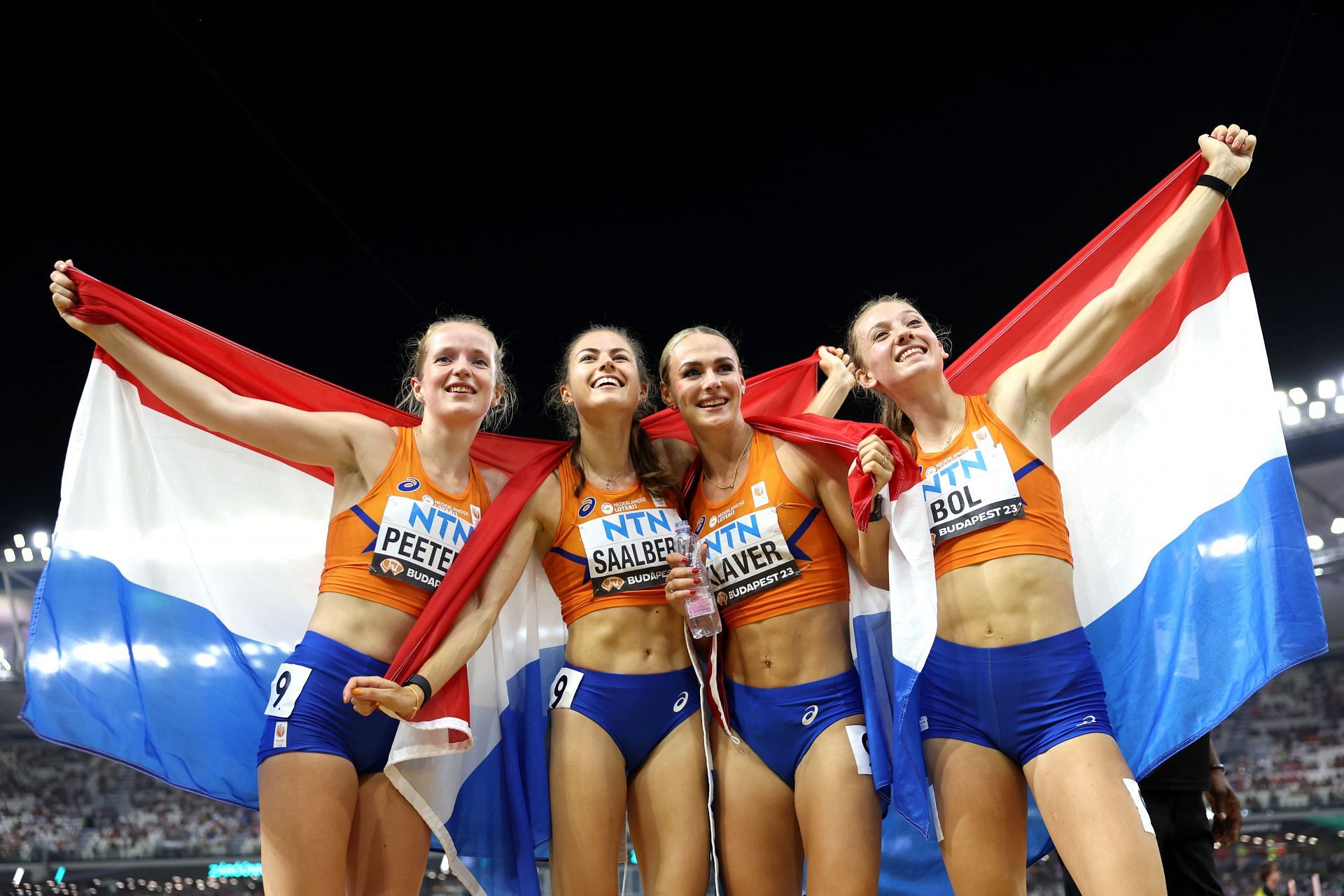 Team Netherlands celebrate after winning the Women&#039;s 4x400m Relay Final of the World Athletics Championships Budapest 2023