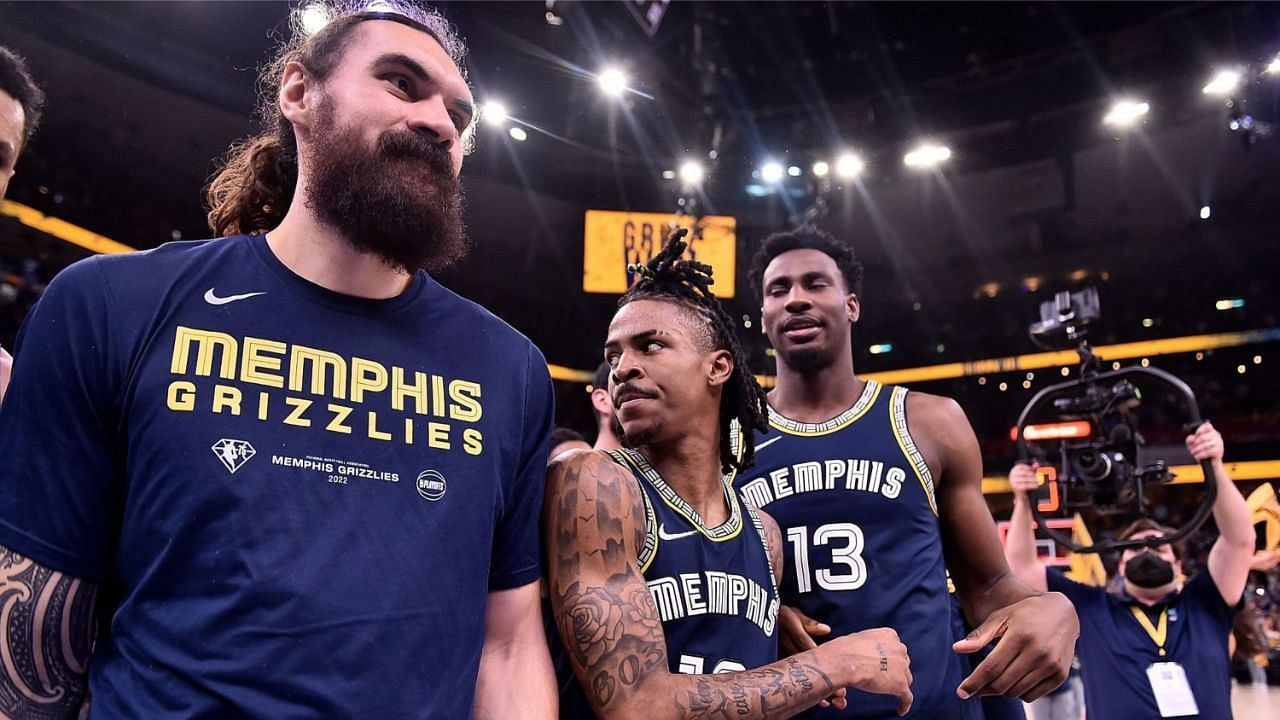 Steven Adams, Ja Morant and Jaren Jackson Jr. of the Memphis Grizzlies