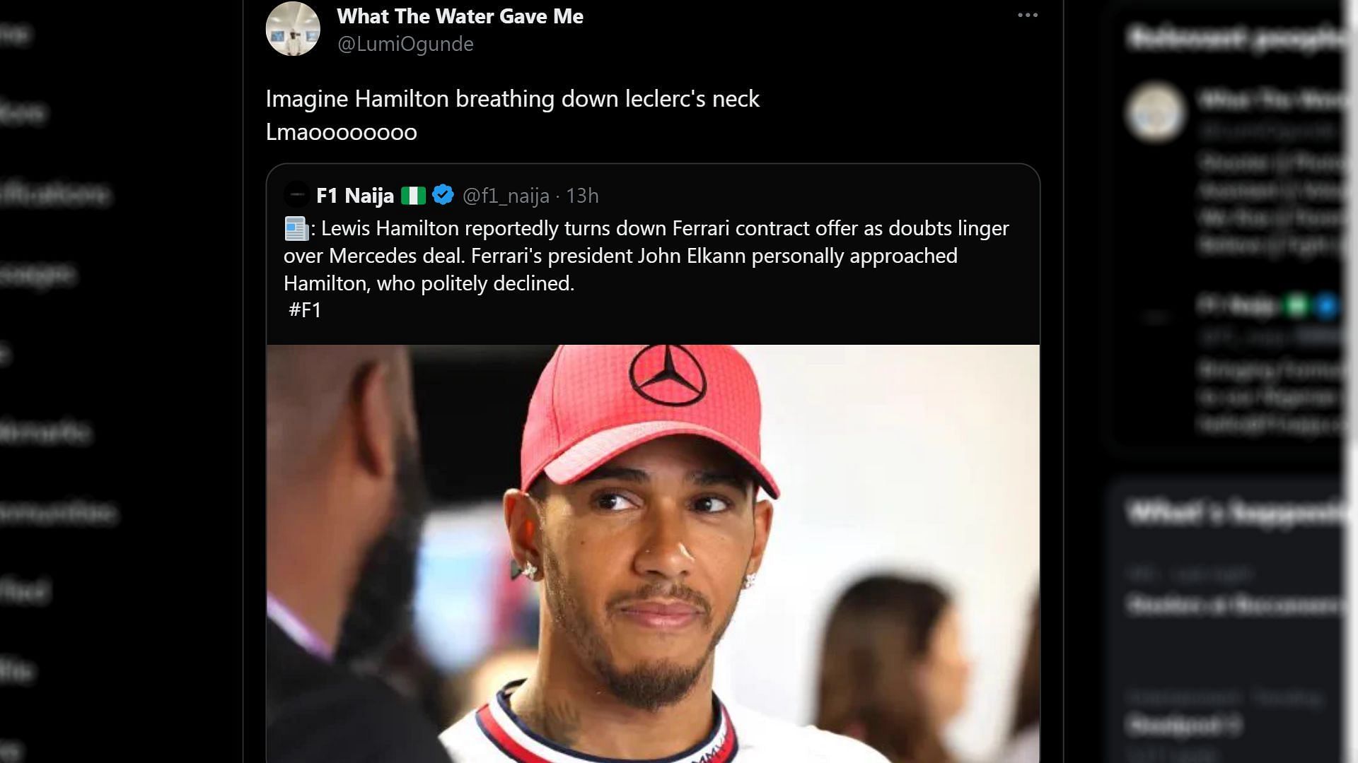 Tweet reacting to Hamilton reportedly receiving an offer from the Prancing Horse (Image via Sportskeeda)