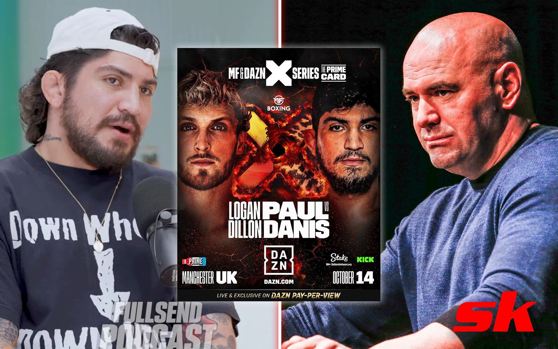 Dillon Danis (Left), Paul vs. Danis poster (Center), Dana White (Right) [Image courtesy: @dillondanis on Instagram, Getty]