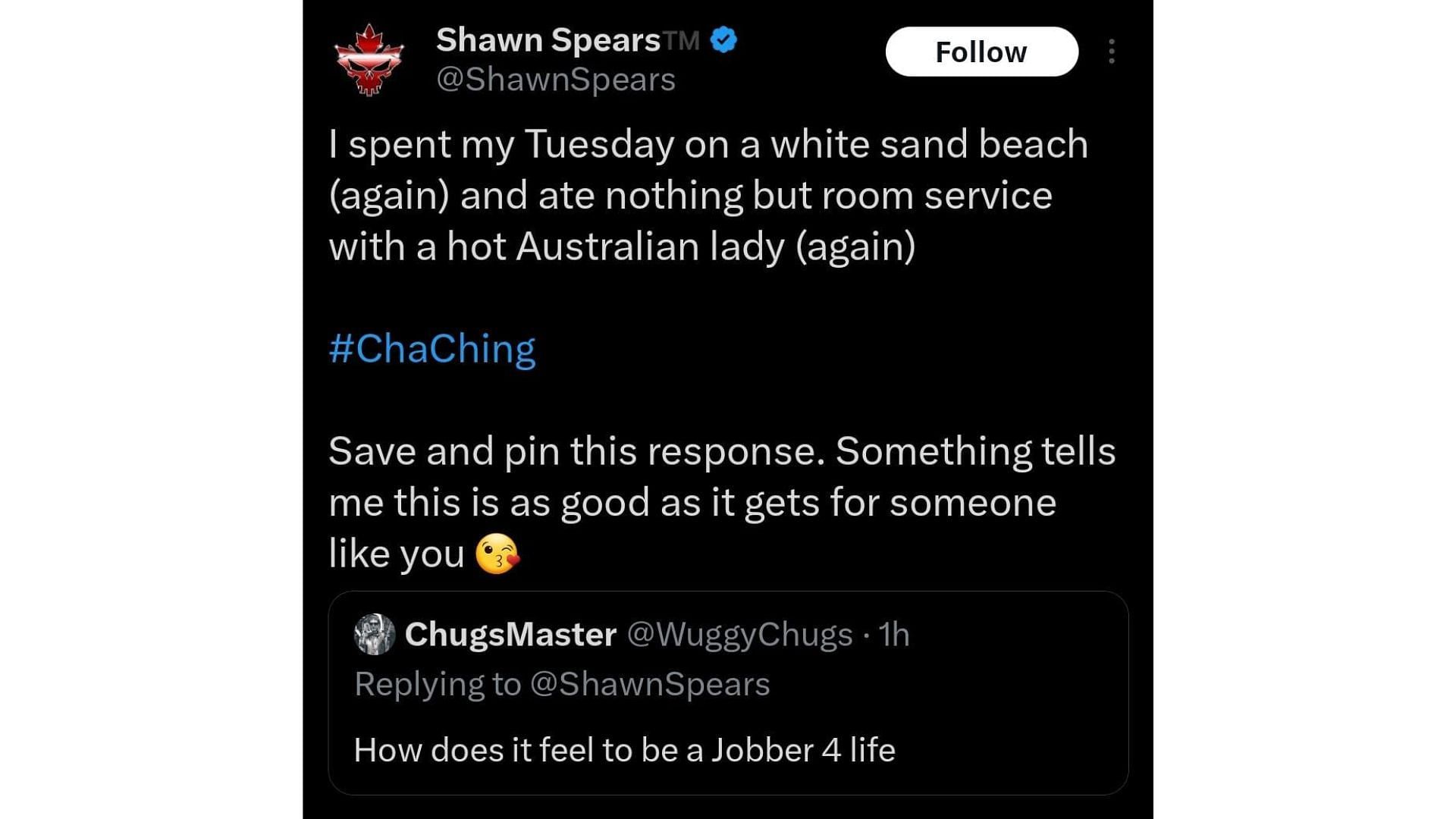 Shawn Spears replies to a fan after being called a jobber
