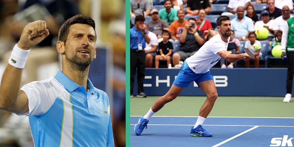 Novak Djokovic plays with a spatula at Arthur Ashe Kids