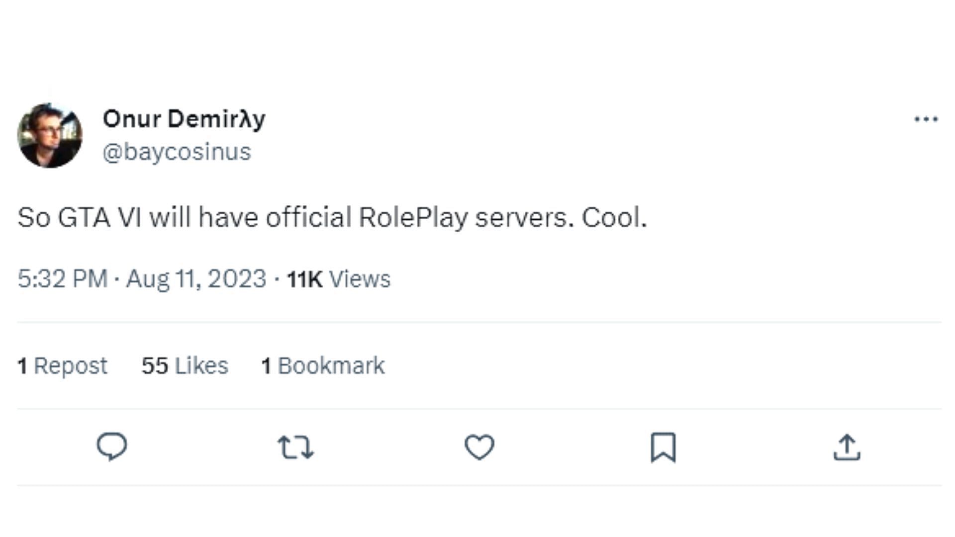 Fans speculate the possibility of the next game having official RP servers (Image via Twitter/baycosinus)