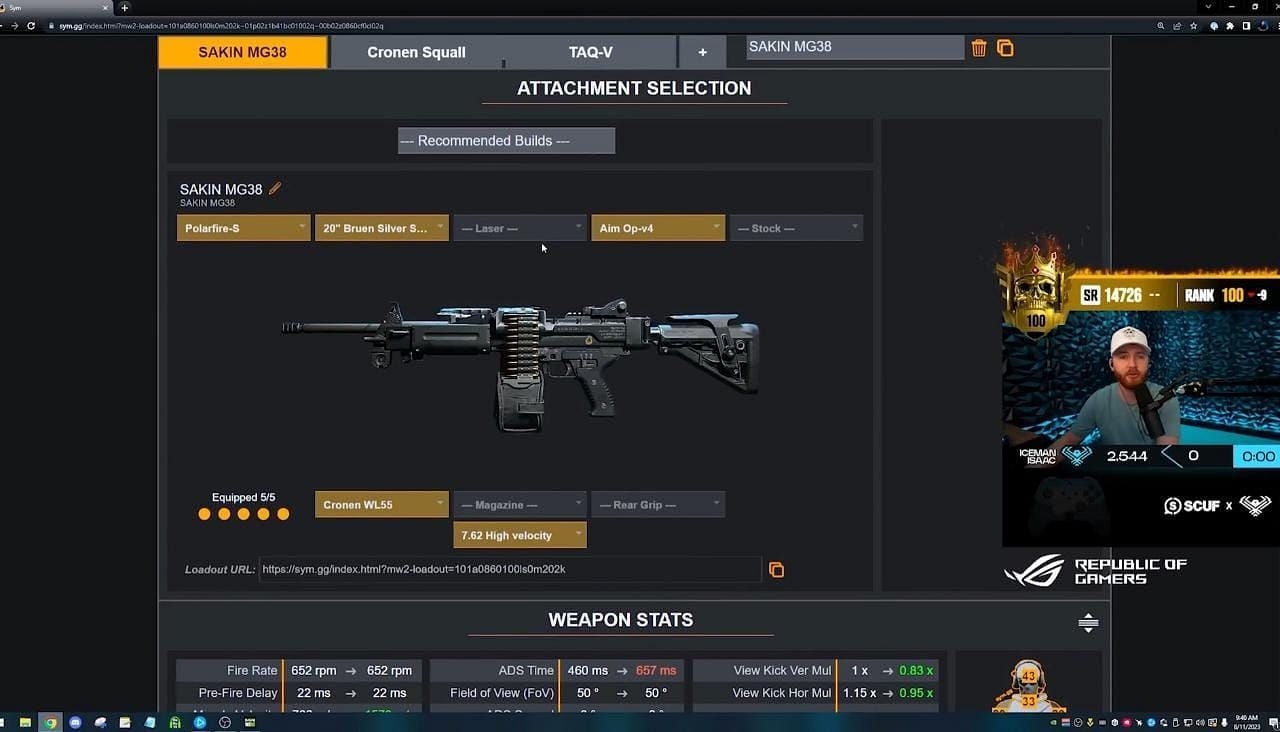 Sakin MG38 loadout in Warzone 2 (Image via Activision and YouTube/IceManIsaac)