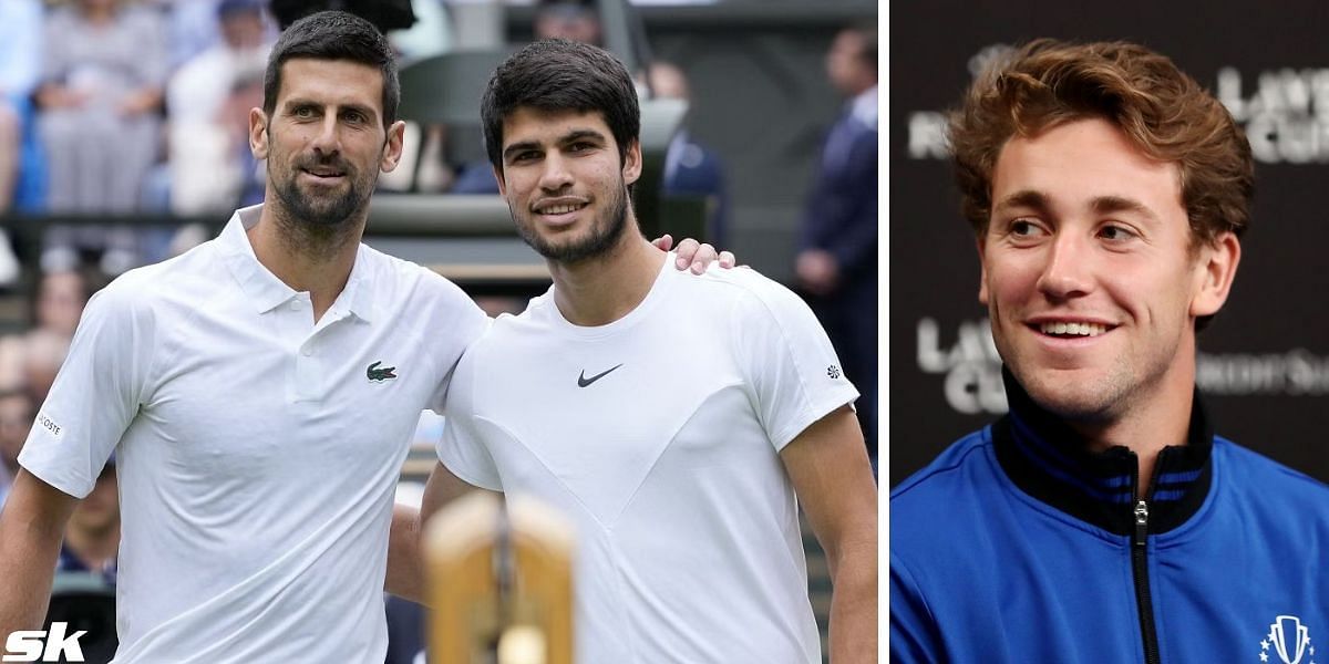 Novak Djokovic and Carlos Alcaraz (L) and Casper Ruud (R)