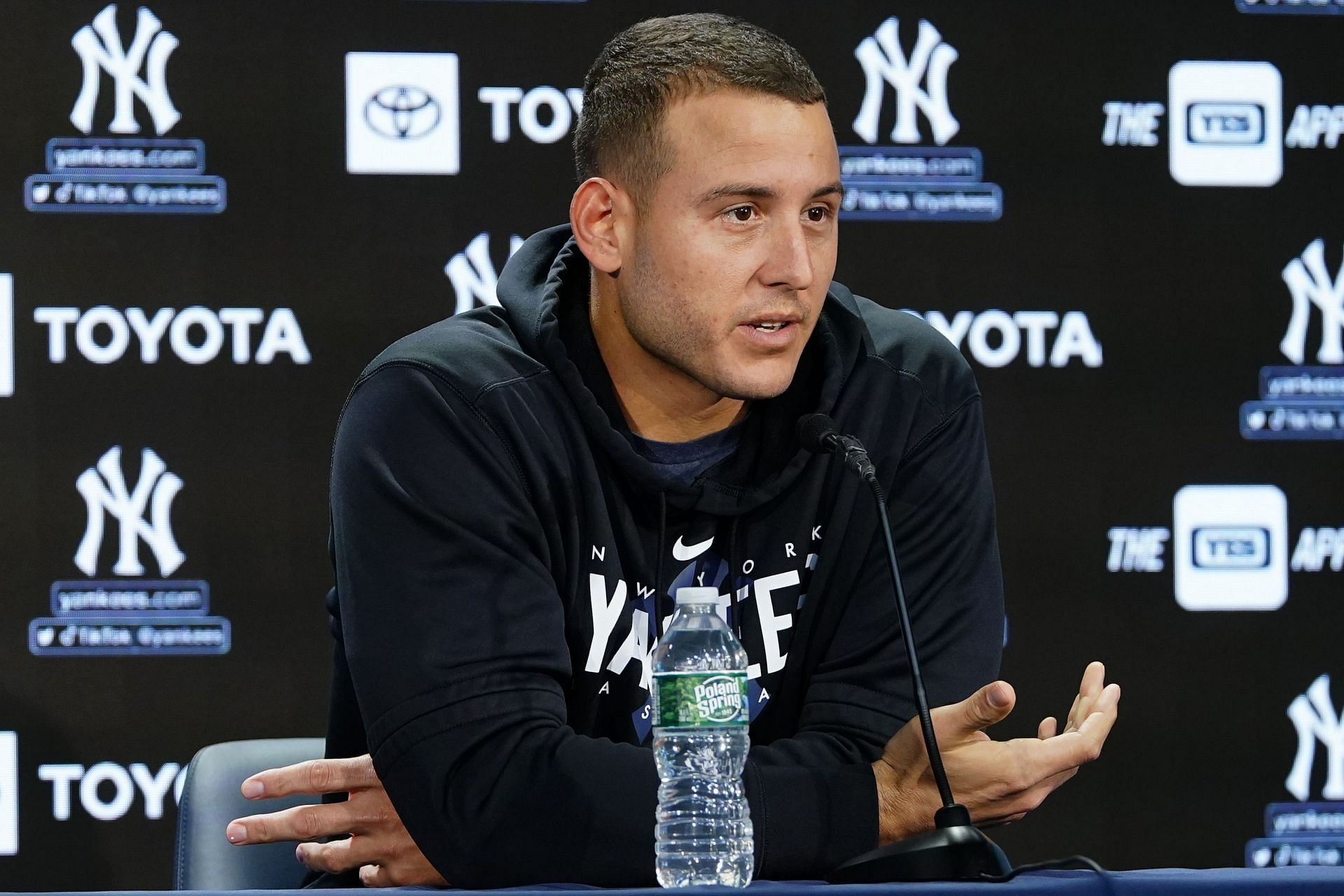 New York Yankees' Anthony Rizzo responds to questions during a news interview before a game against the Houston Astros