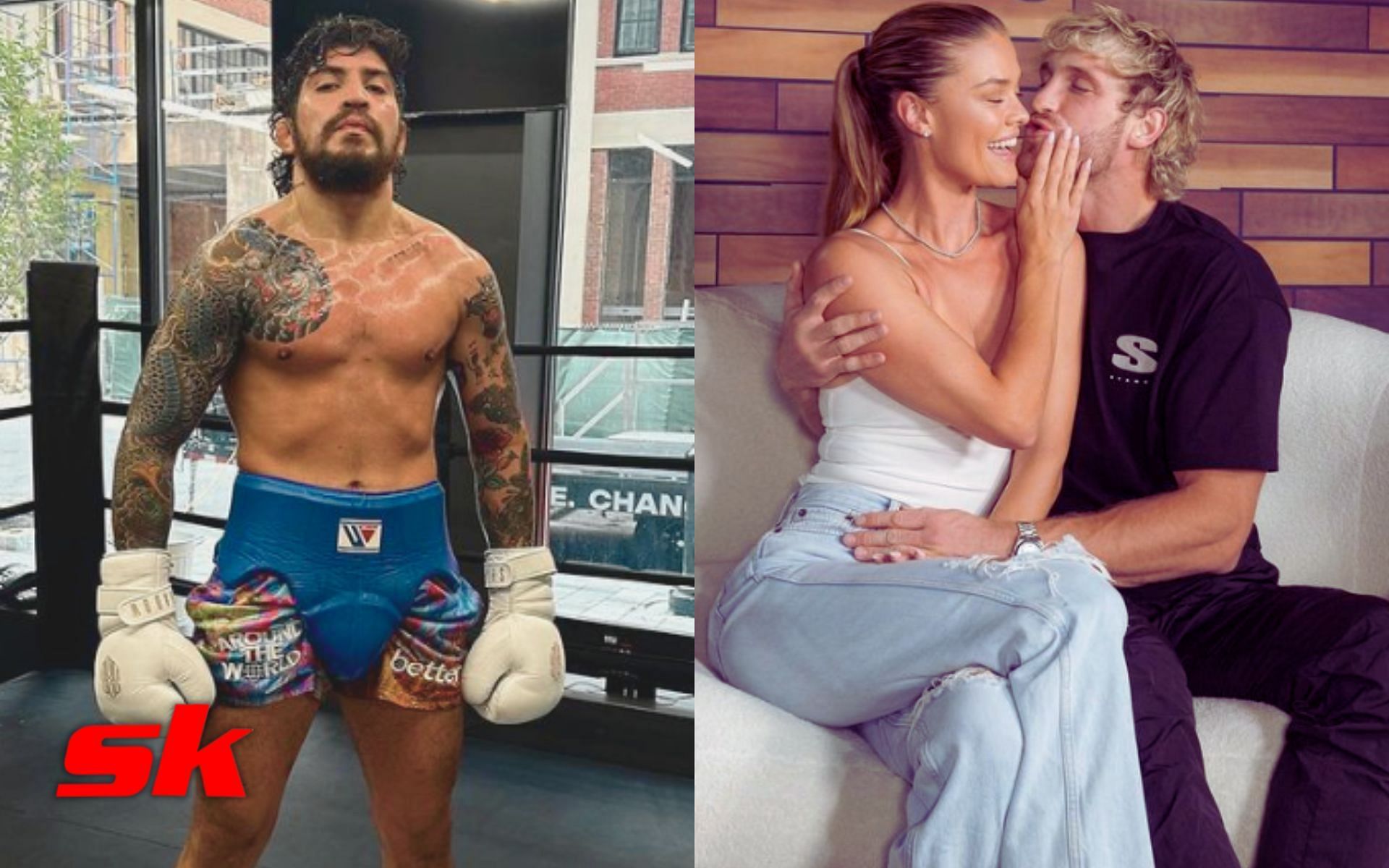 Dillon Danis (left - @dillondanis), Logan Paul with Nina Agdal (right - @loganpaul)