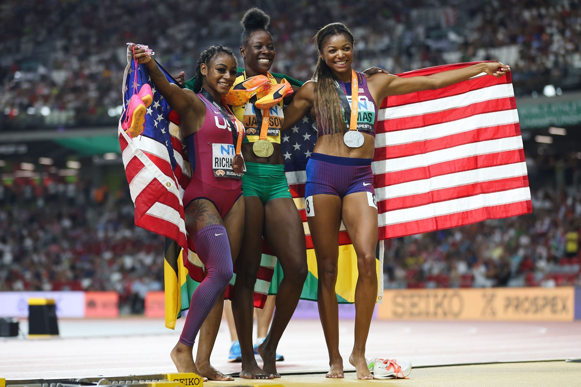Shericka Jackson, Gabby Thomas, and Sha&#039;Carri Jackson win 200m race at World Athletics Championships Budapest 2023