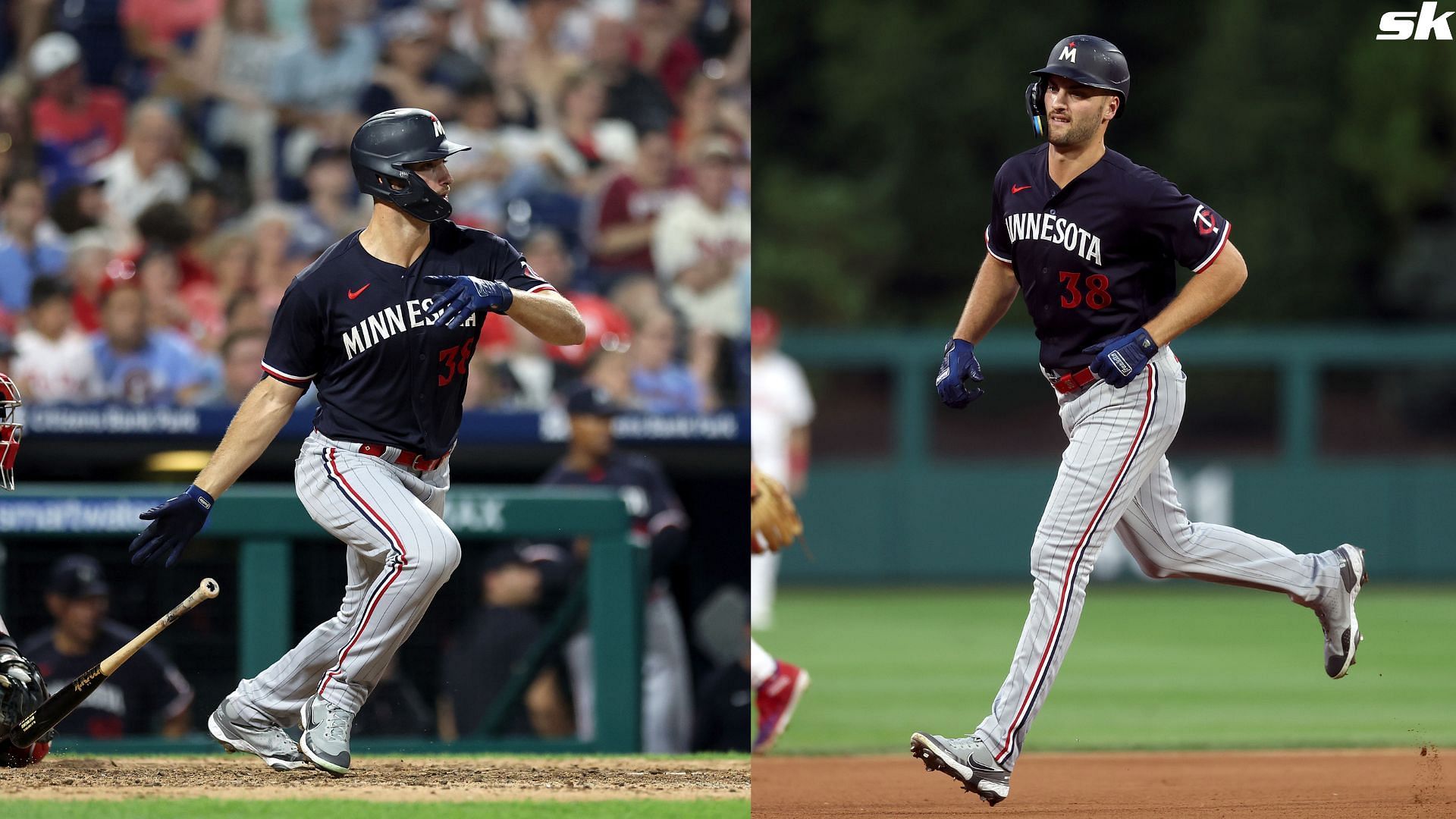 Matt Wallner of the Minnesota Twins hits an RBI single against the Philadelphia Phillies at Citizens Bank Park