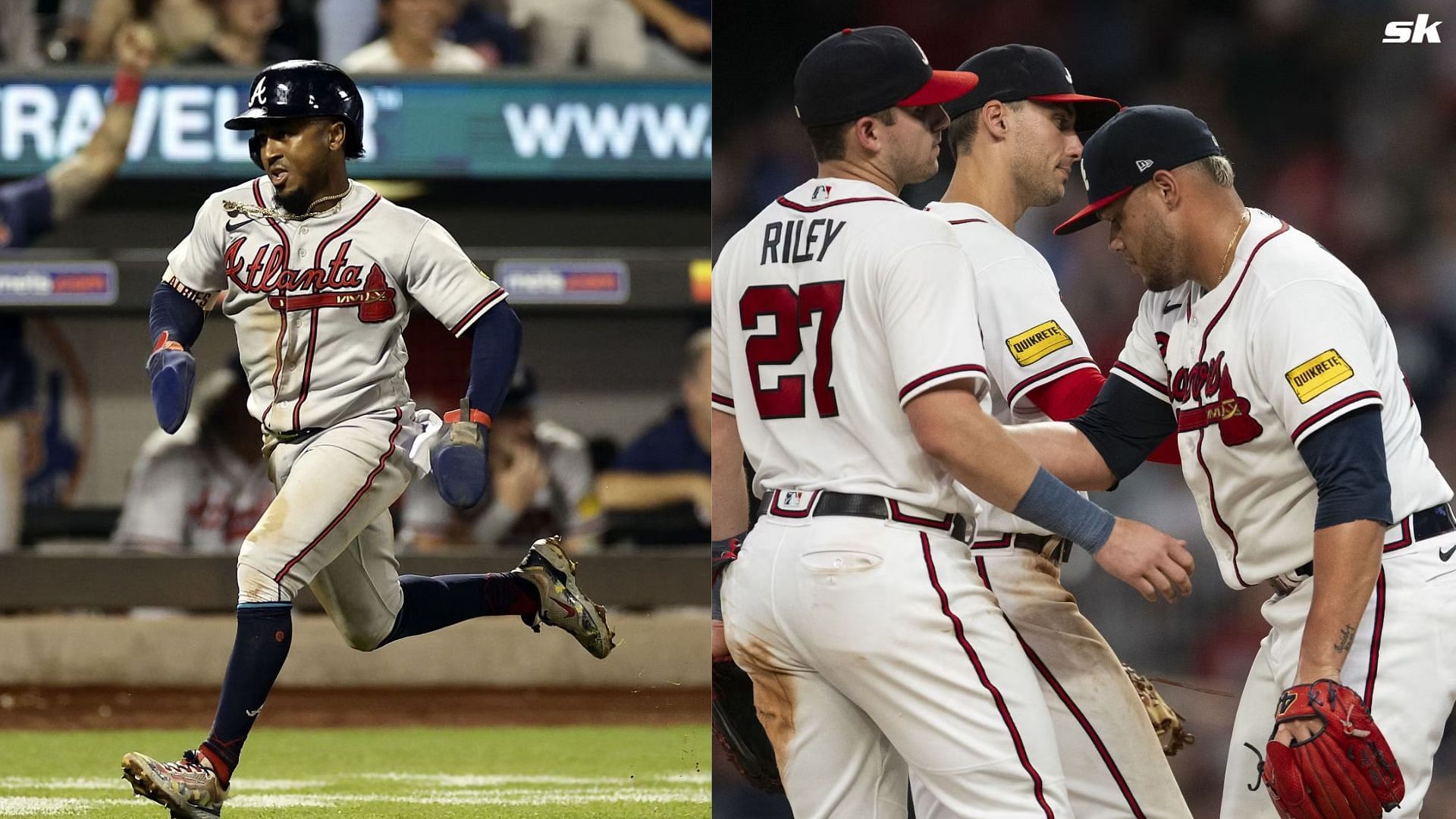 Atlanta Braves players celebrate after their win against the New York Yankees.