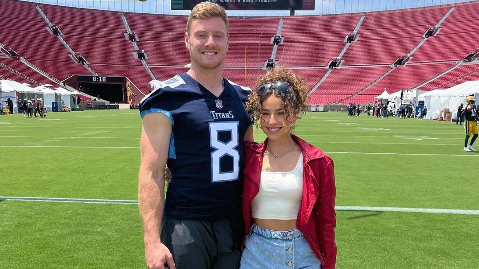 Will Levis and Gia Duddy pose for a photo at the Los Angeles Coliseum during the NFLPA Rookie Premiere. (Image credit: Gia Duddy on Instagram)