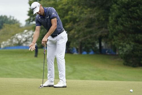 Justin Thomas reacts to missing a birdie putt on the first hole during the second round of the Wyndham Championship