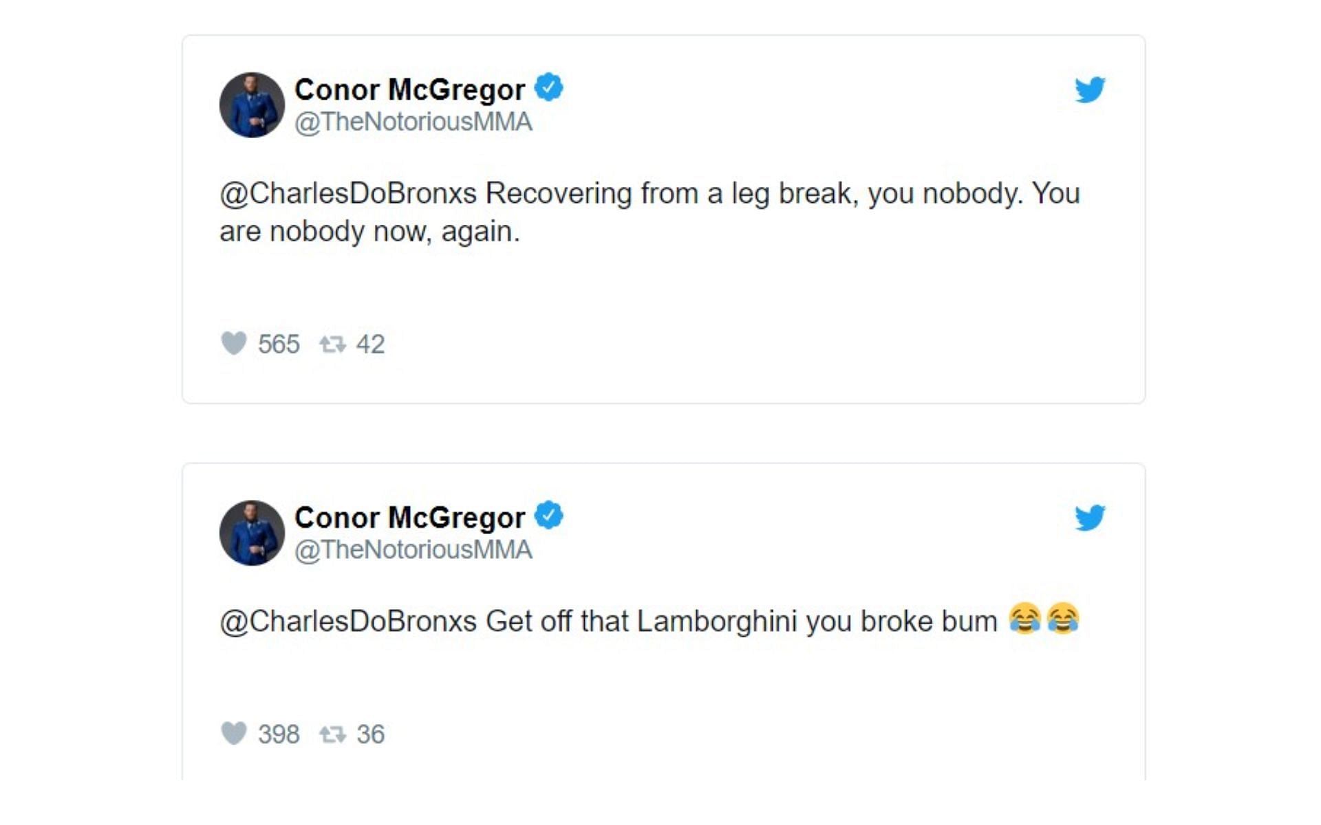 Screenshot of McGregor&#039;s tweets at Charles Oliveira