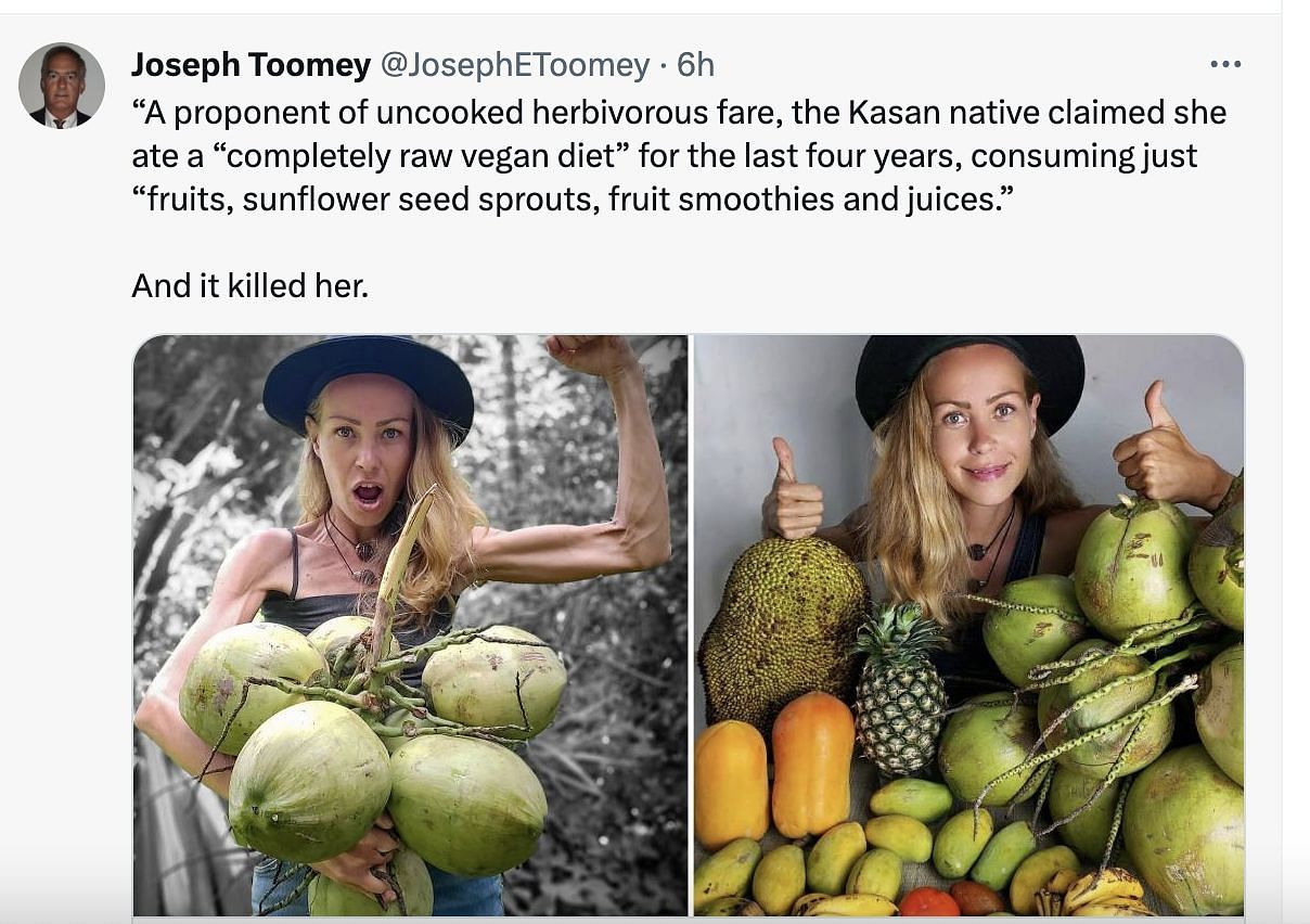 Social media users mourn the death of the vegan influencer, who passed away at 39 due to starvation while following a fruit-only diet. (Image via Twitter)