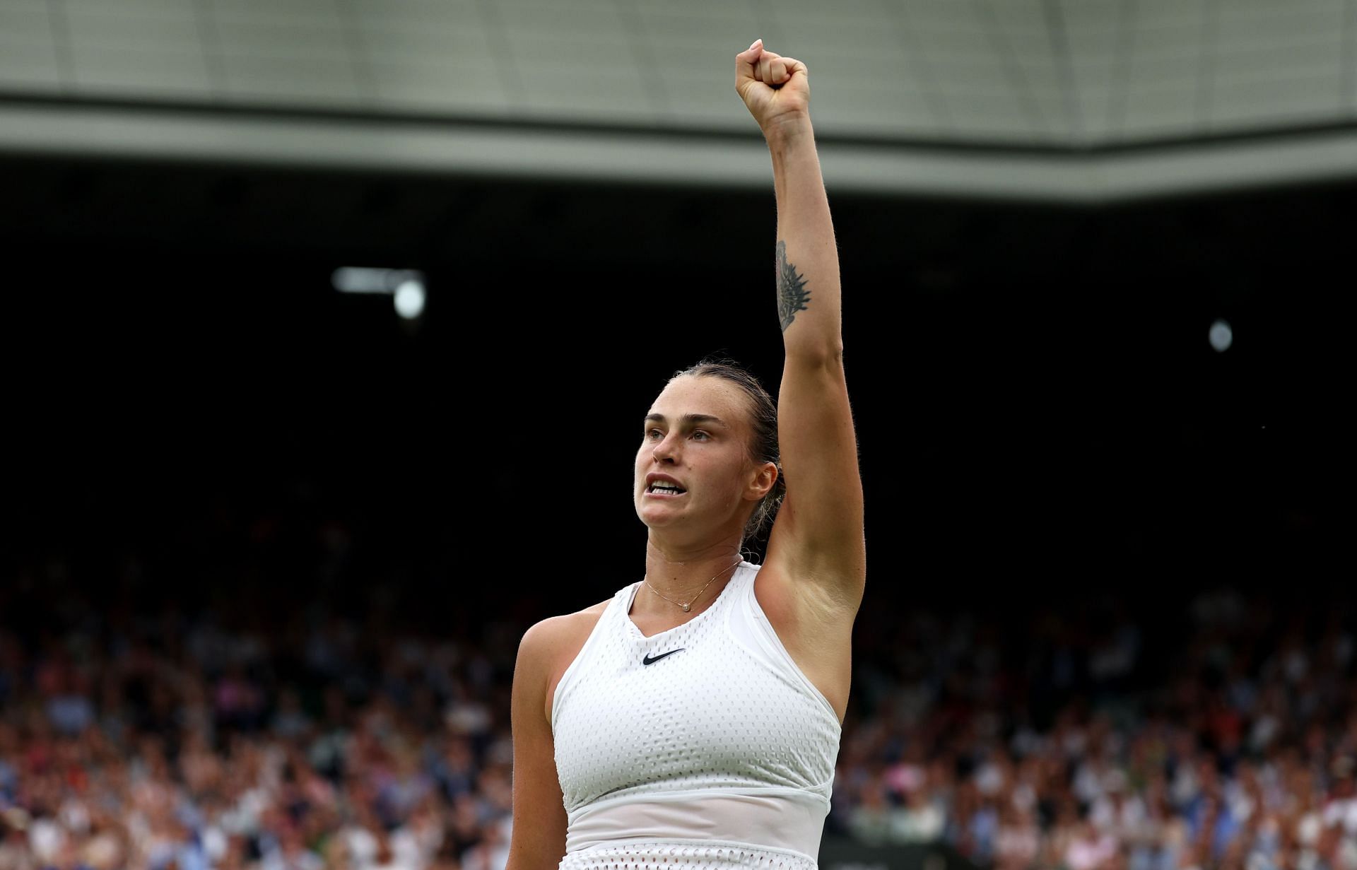 Sabalenka celebrates a point: Wimbledon 2023