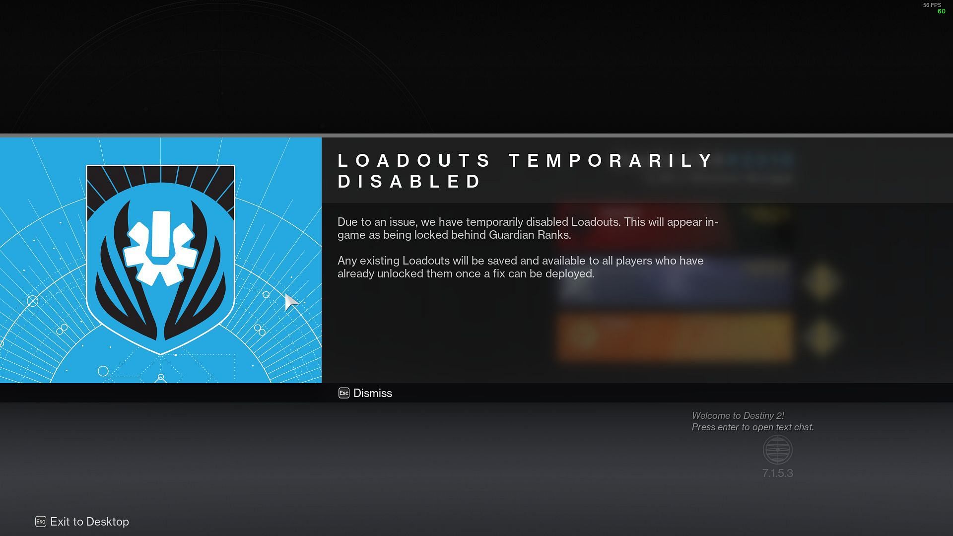 The notification panel that players will receive when they log into the game (Image via Bungie)
