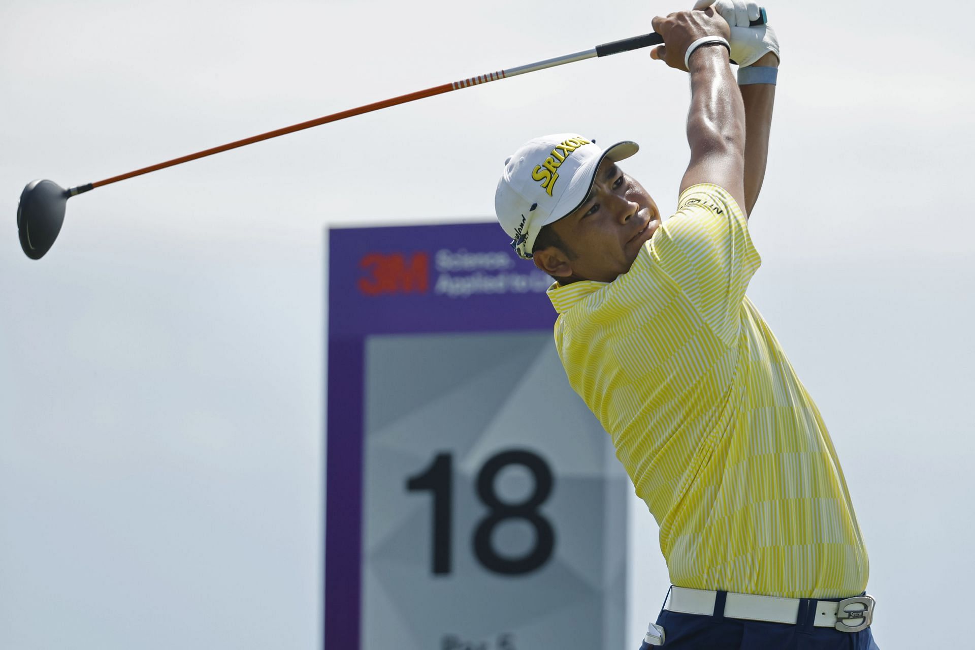 Hideki Matsuyama tees off on the 18th hole during the fourth round at the 3M Open