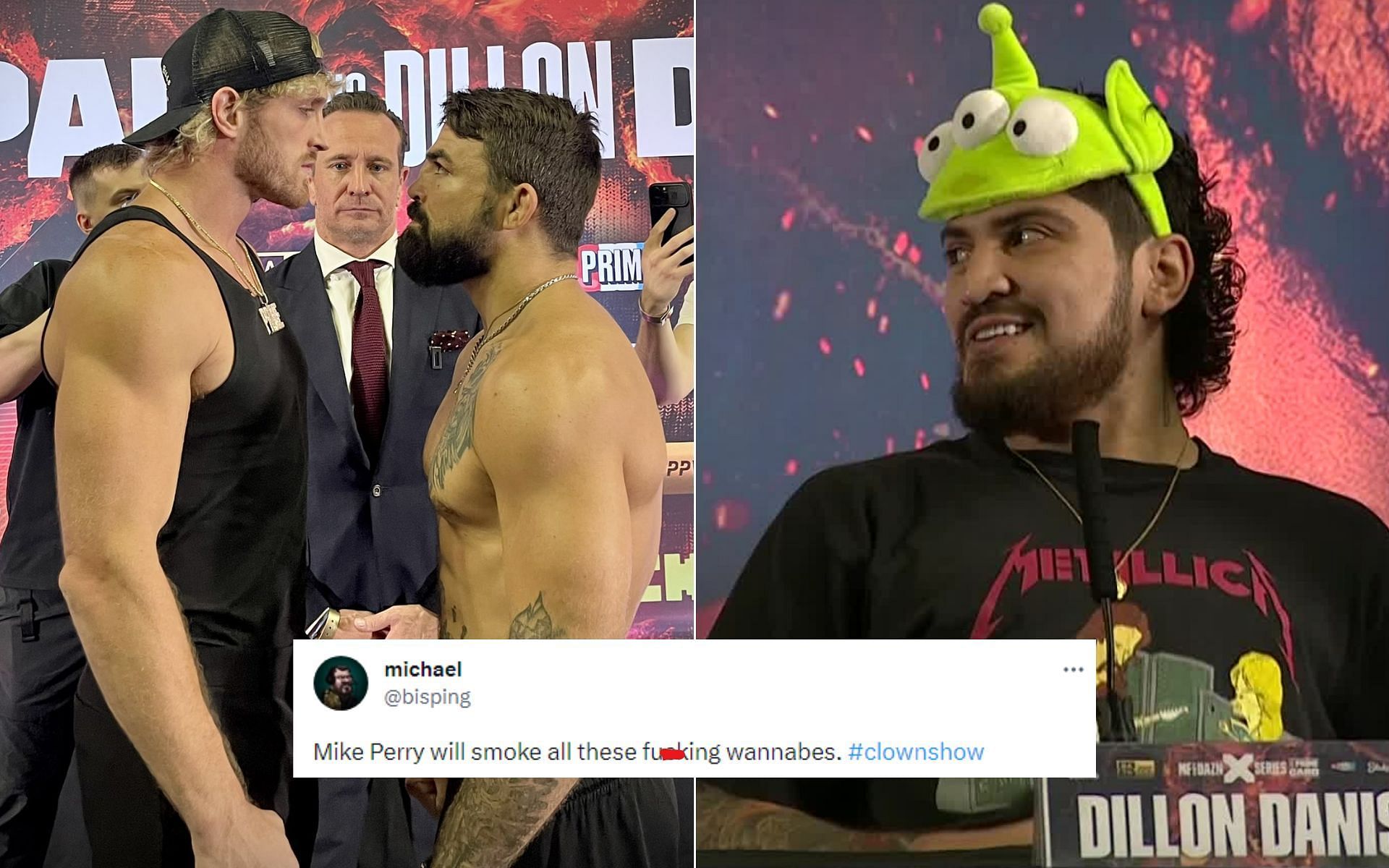 Logan Paul and Mike Perry [Left], Michael Bisping tweet [Middle], and Dillon Danis [Right] [Photo credit: @MichaelBensonn, @DAZNBoxing, @bisping - Twitter]