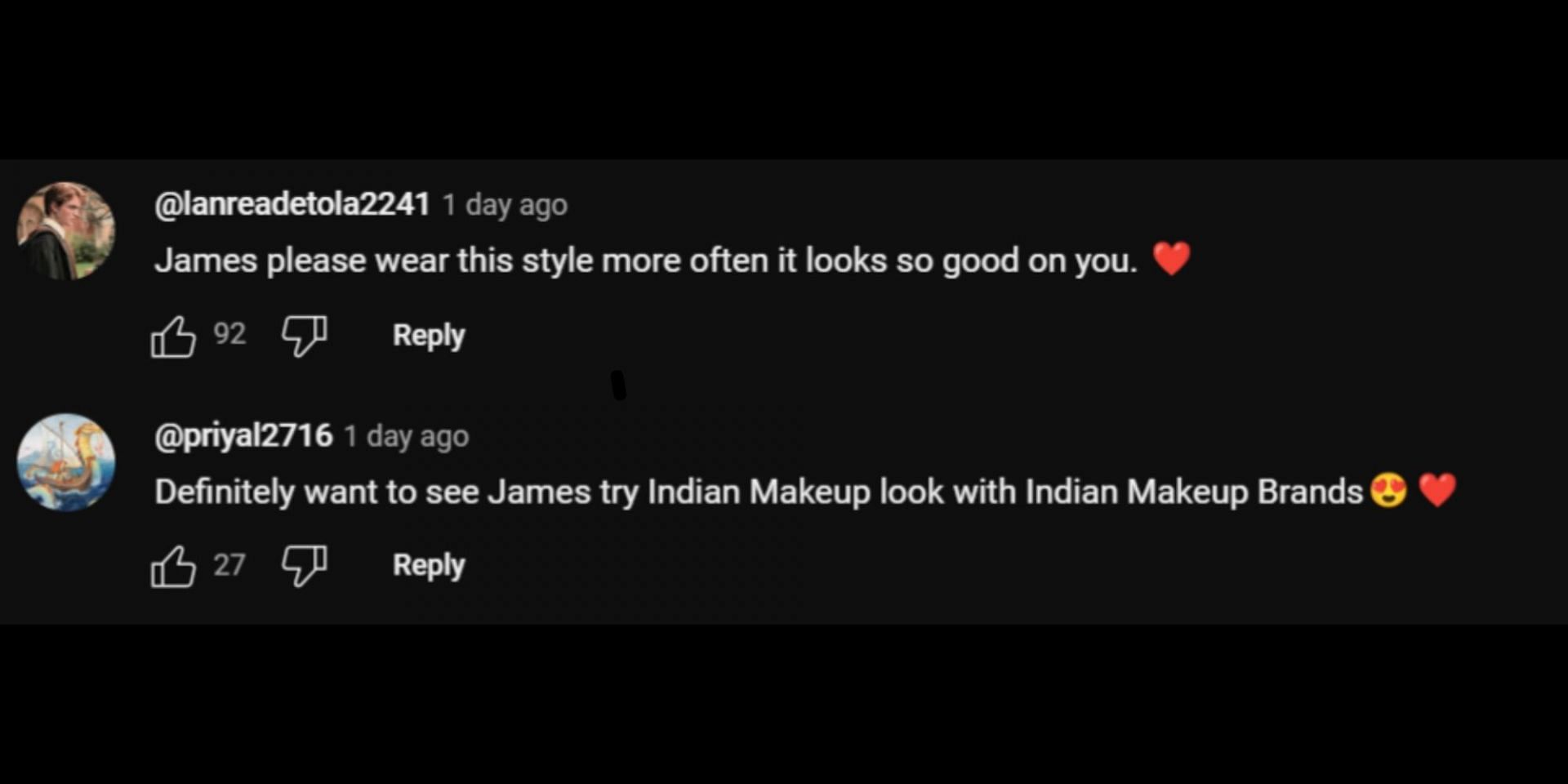 Positive reactions to James&#039; makeup video. (Image via YouTube/@JamesCharles)