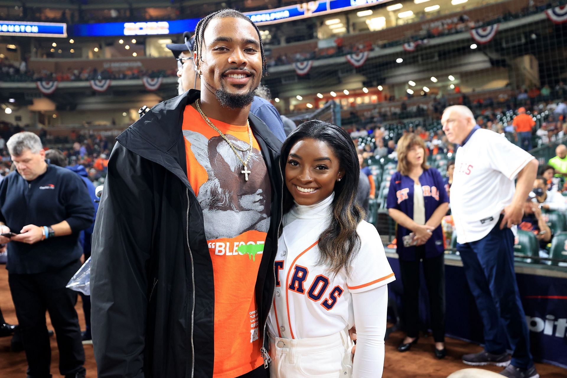 Simone Biles and Jonathan Owens at Game One of the 2022 World Series in Houston, Texas