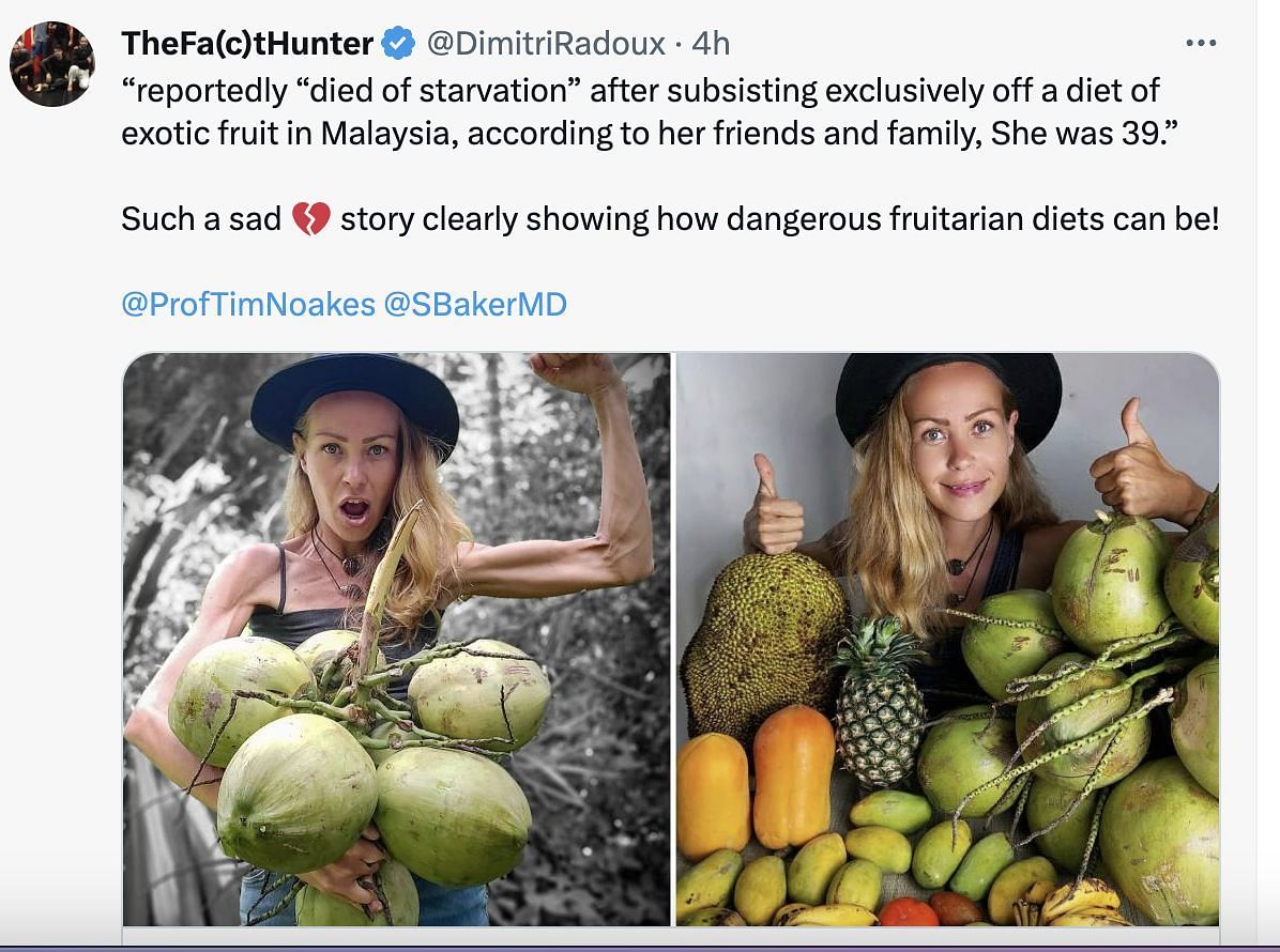 Social media users mourn the death of the vegan influencer, who passed away at 39 due to starvation while following a fruit-only diet. (Image via Twitter)