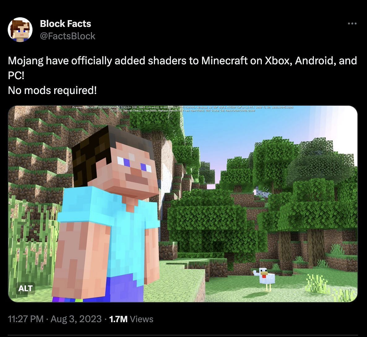 Bedrock with official shaders support (Image via Twitter)