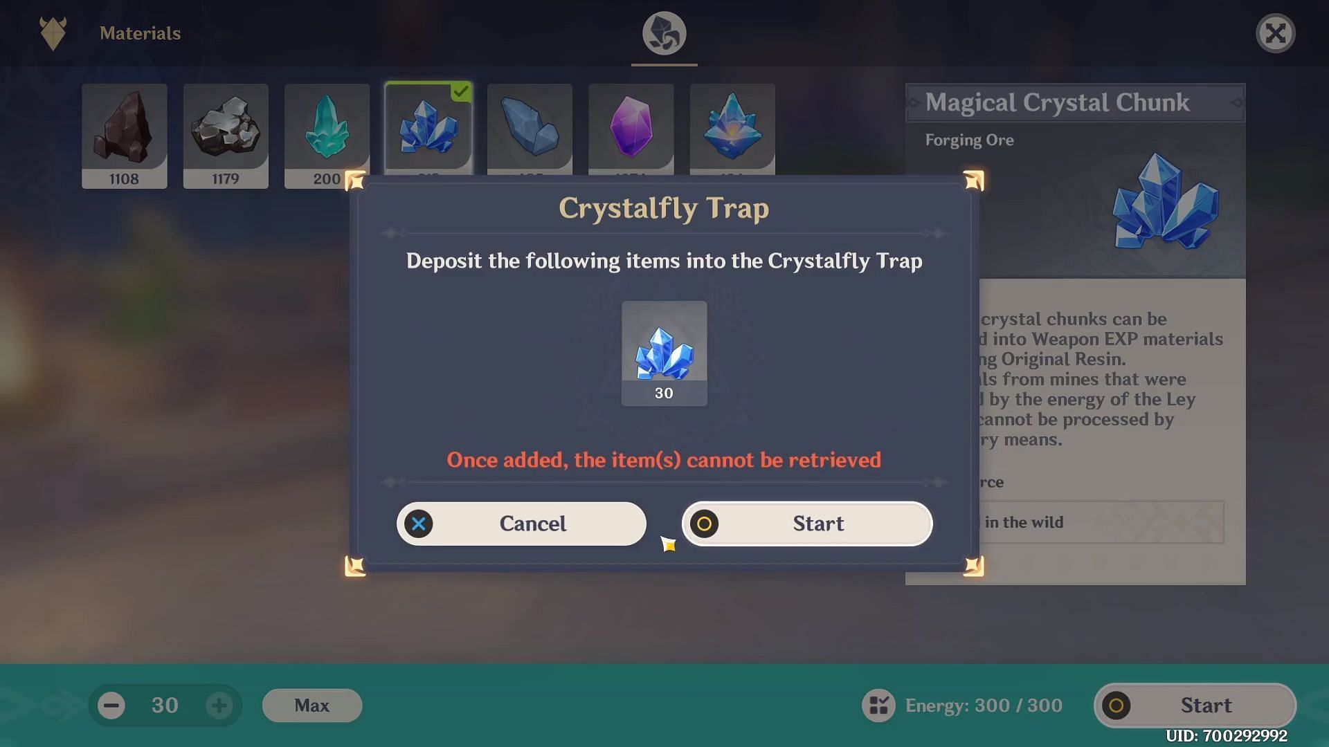 Crystalfly Trap requires 30 ores to use (Image via YouTube/neogery)