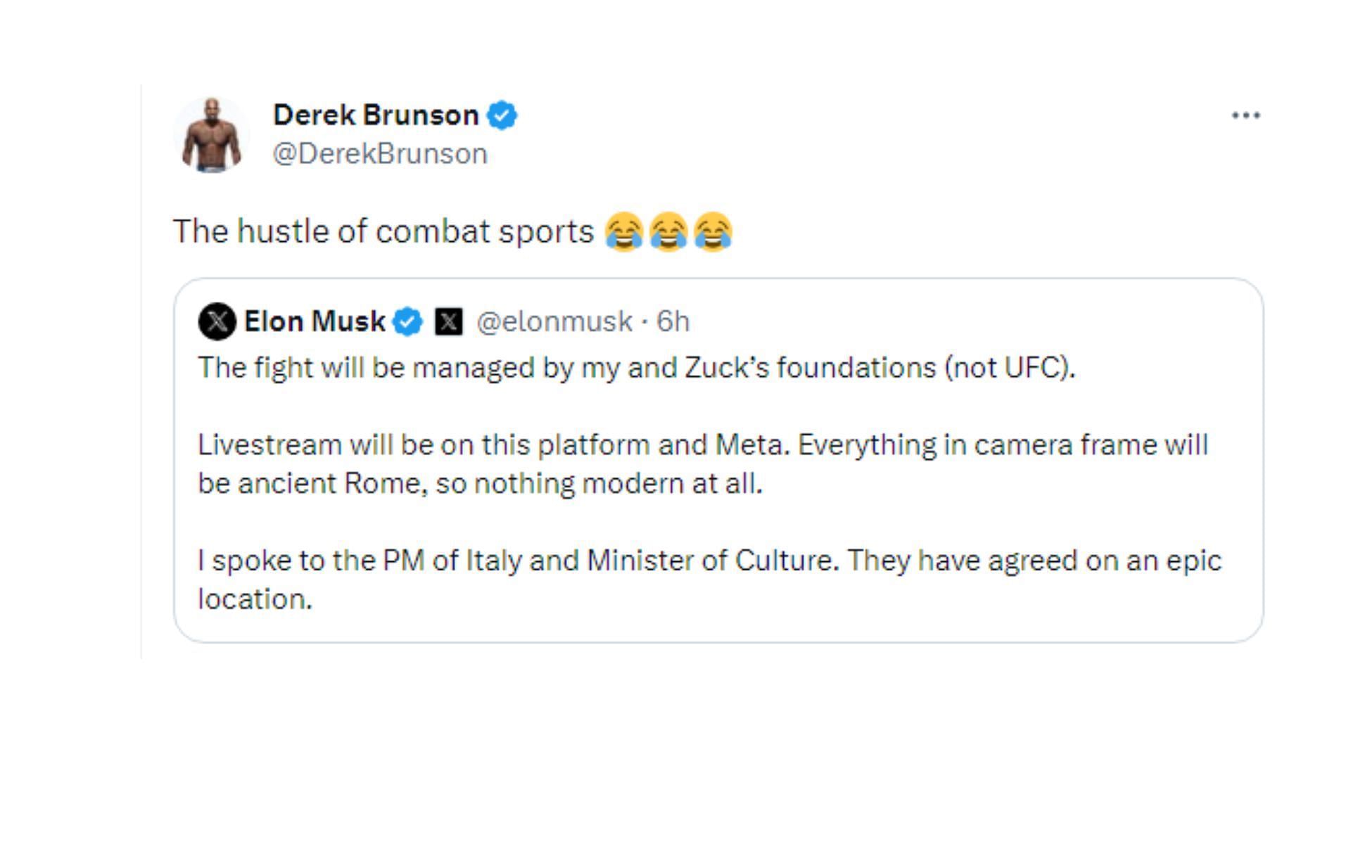 Derek Brunson's reaction to Elon Musk tweet [@DerekBrunson - Twitter]