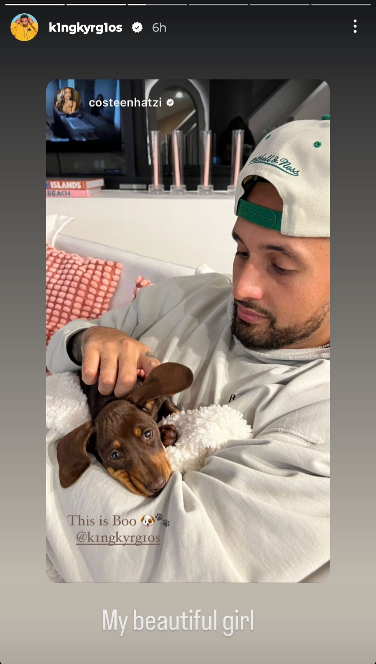 Nick Kyrgios cuddling with his new pet puppy