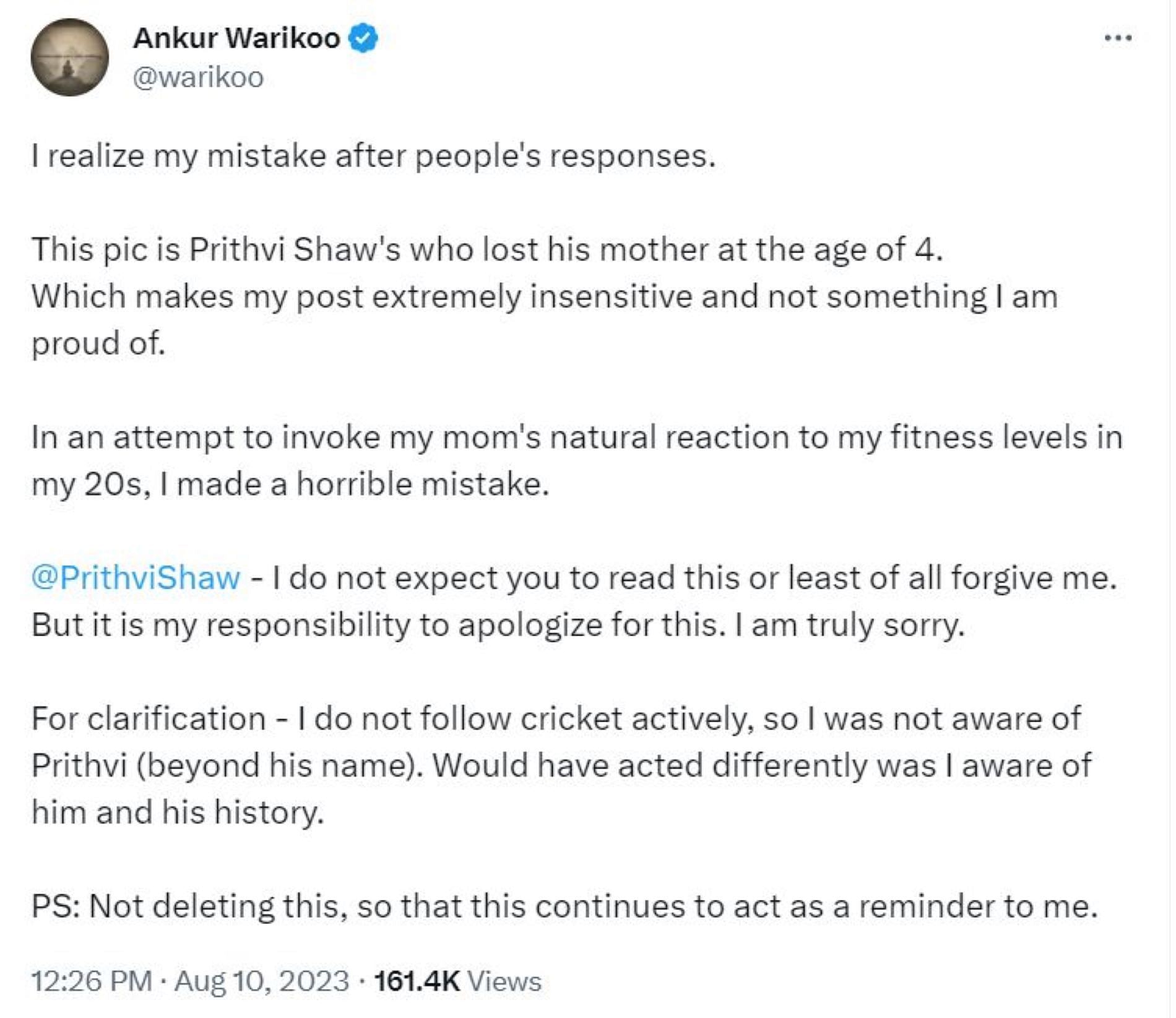 Ankur Warikoo apologizes to Prithvi Shaw for his earlier Tweet.