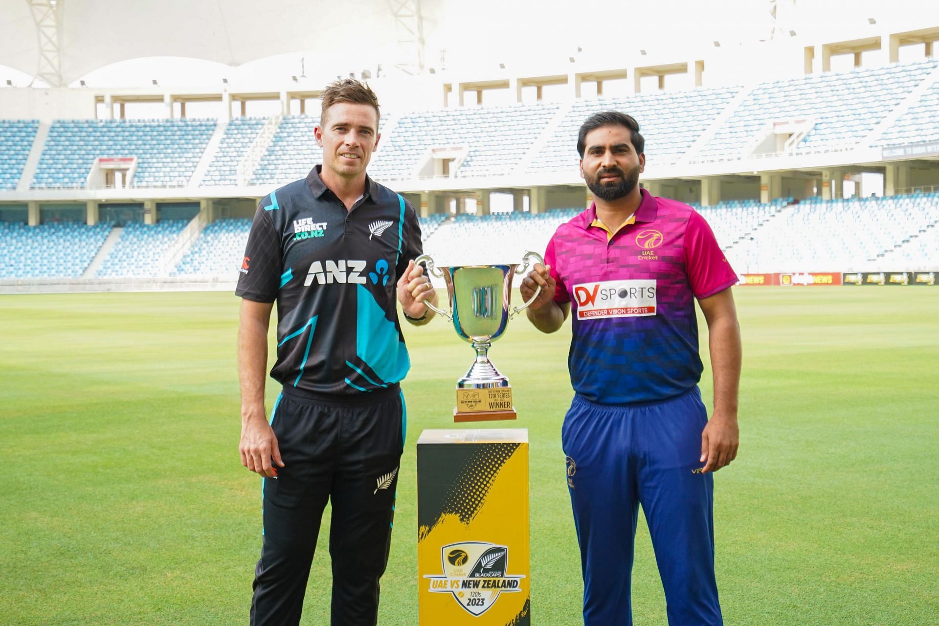 New Zealand captain Tim Southee with UAE skipper. (Credits: Twitter)