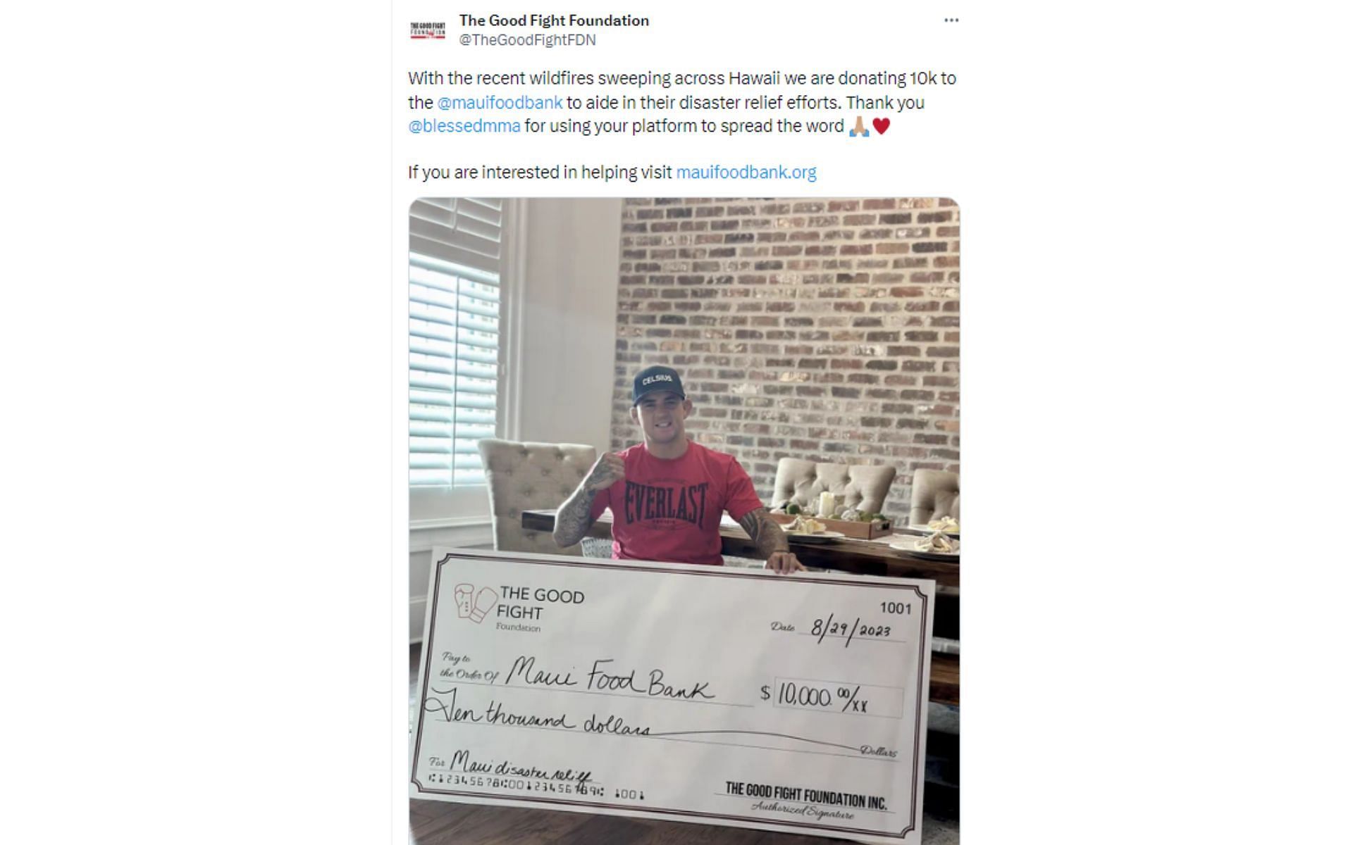 The Good Fight Foundation tweet regarding their donation