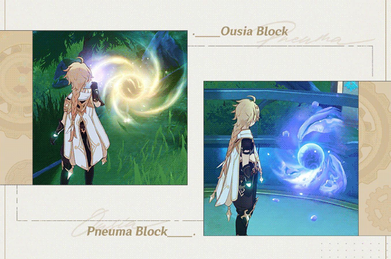 Ousia (yellow) and Pneuma (blue) energy blocks in the wilderness (Image via HoYoverse)