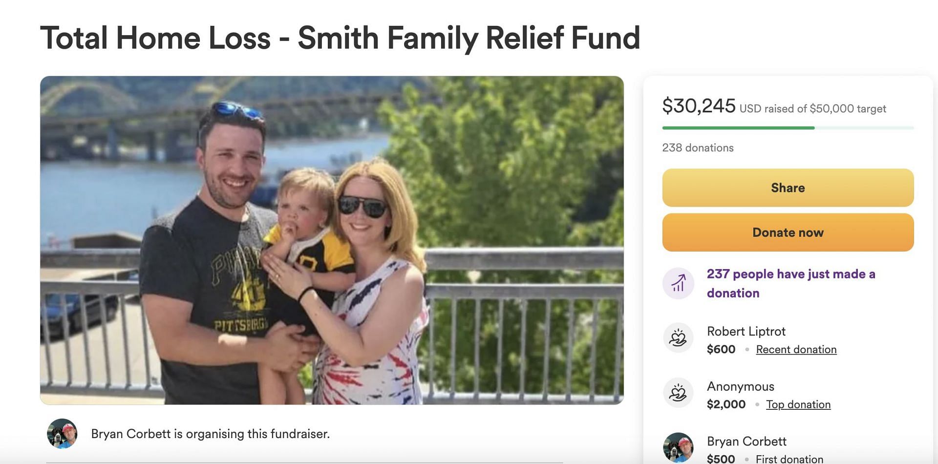 Fundraiser for the Smith Family has received donations from around 237 people (Image via GoFundMe)