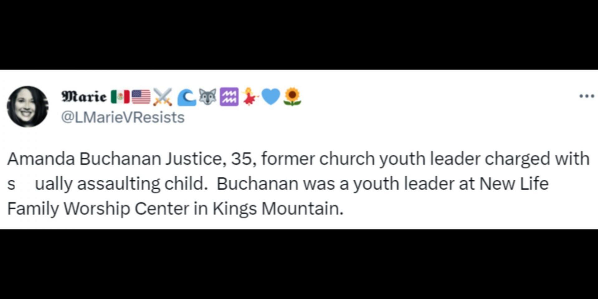 Youth pastor Amanda Buchanan Justice was charged with SA offense. (Image via Twitter/@LMarieVResists)