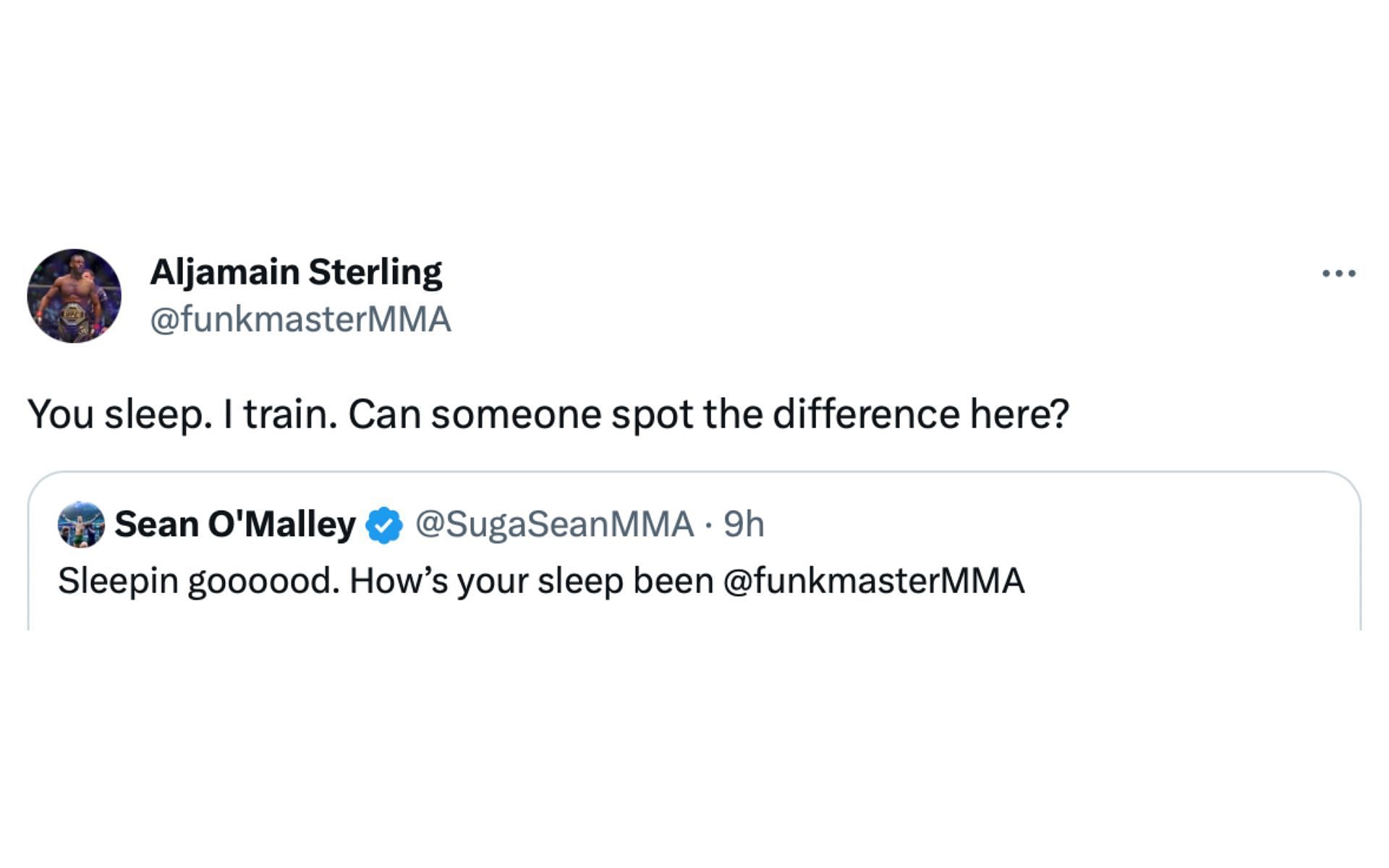 Sterling&#039;s tweet getting back at Sean O&#039;Malley. [via Twitter @funkmasterMMA]