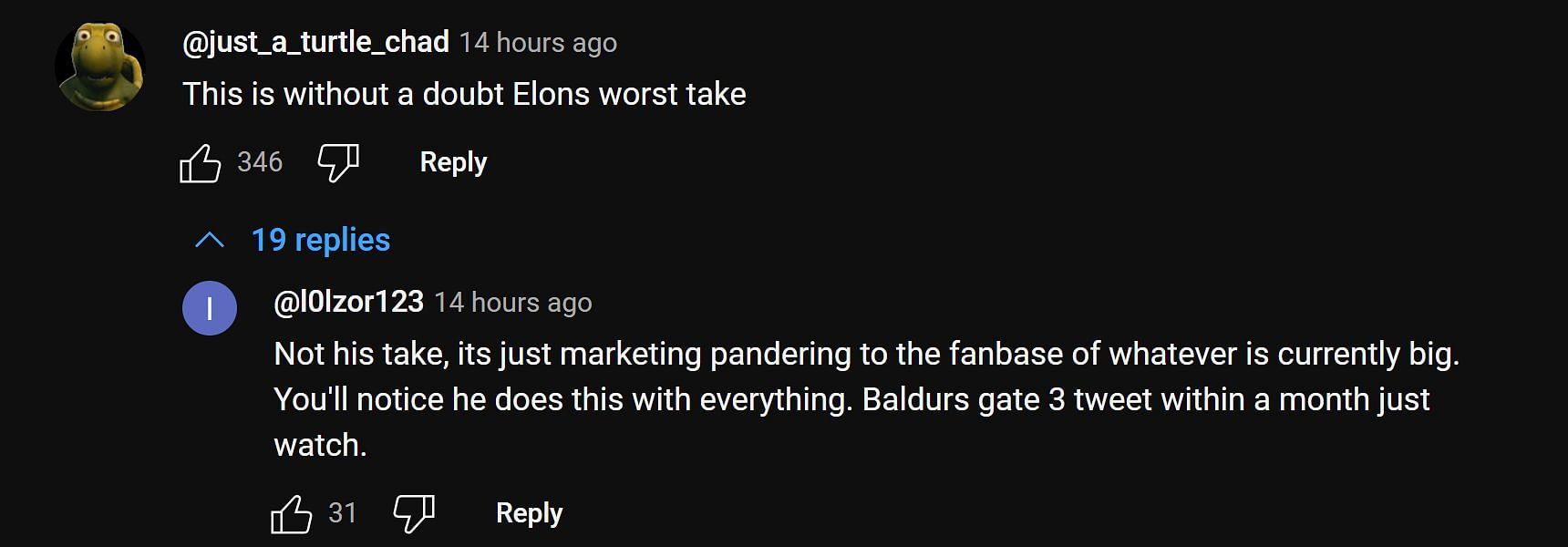 YouTube community discussing Elon Musk&#039;s recent tweet about Diablo 4, 3/4 (Image via YouTube)