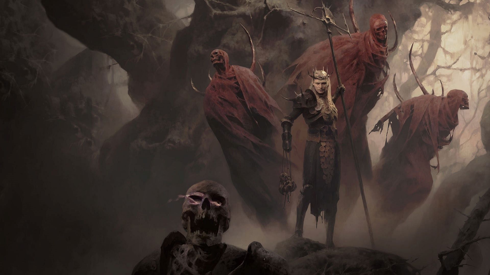Diablo 4 Necromancer along with skeleton minions surrounding him. 